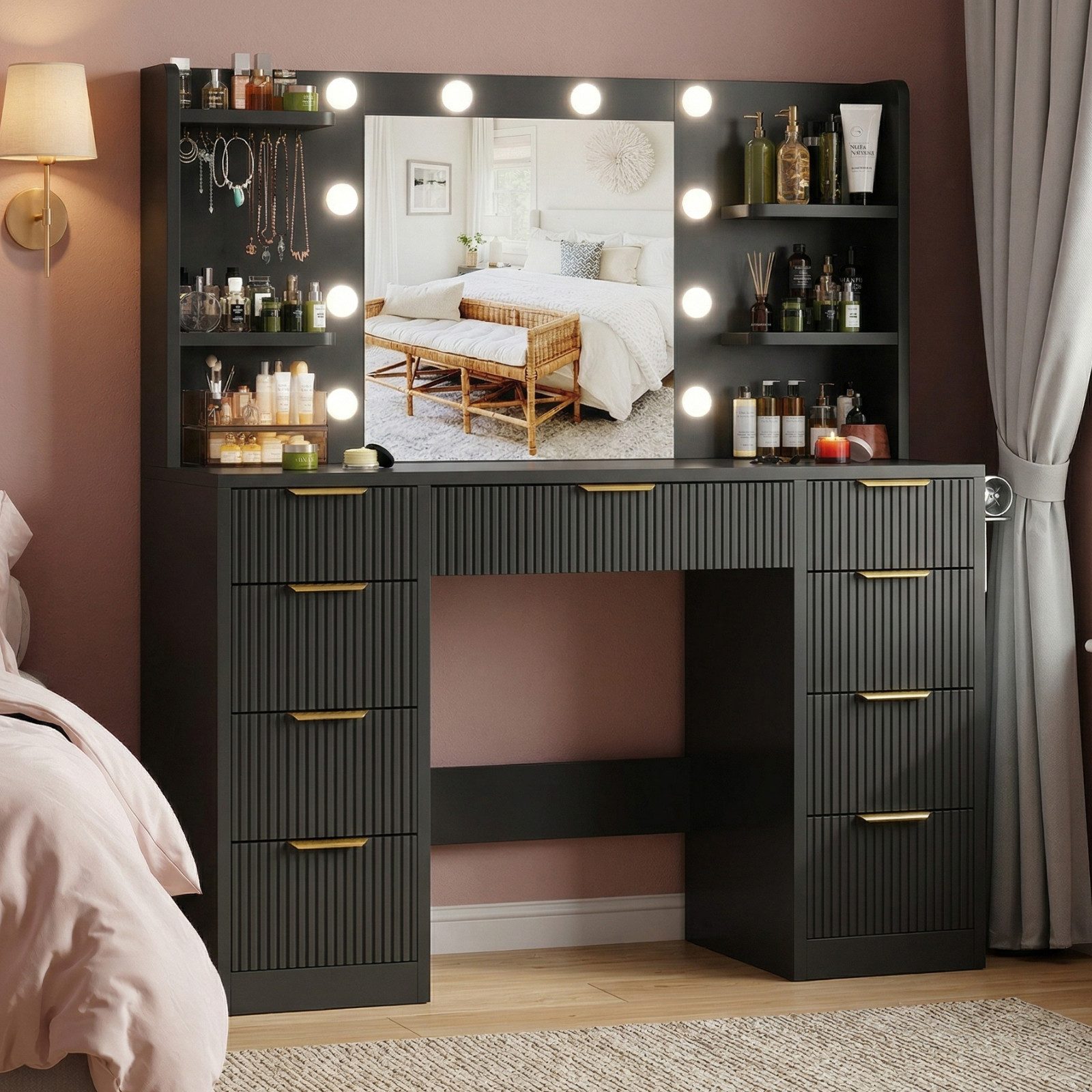 HOMALL Schminktisch Mit dreifarbiger LED-Beleuchtung, mit Spiegel, optional mit Hockern (Maße: 110 x 40 x 137 cm, mit 10 kugelförmigen Lampen, deren Helligkeit und Farbtemperatur einstellbar sind, sowie einer Schublade. Ausgestattet mit 1 USB-Anschluss, 1