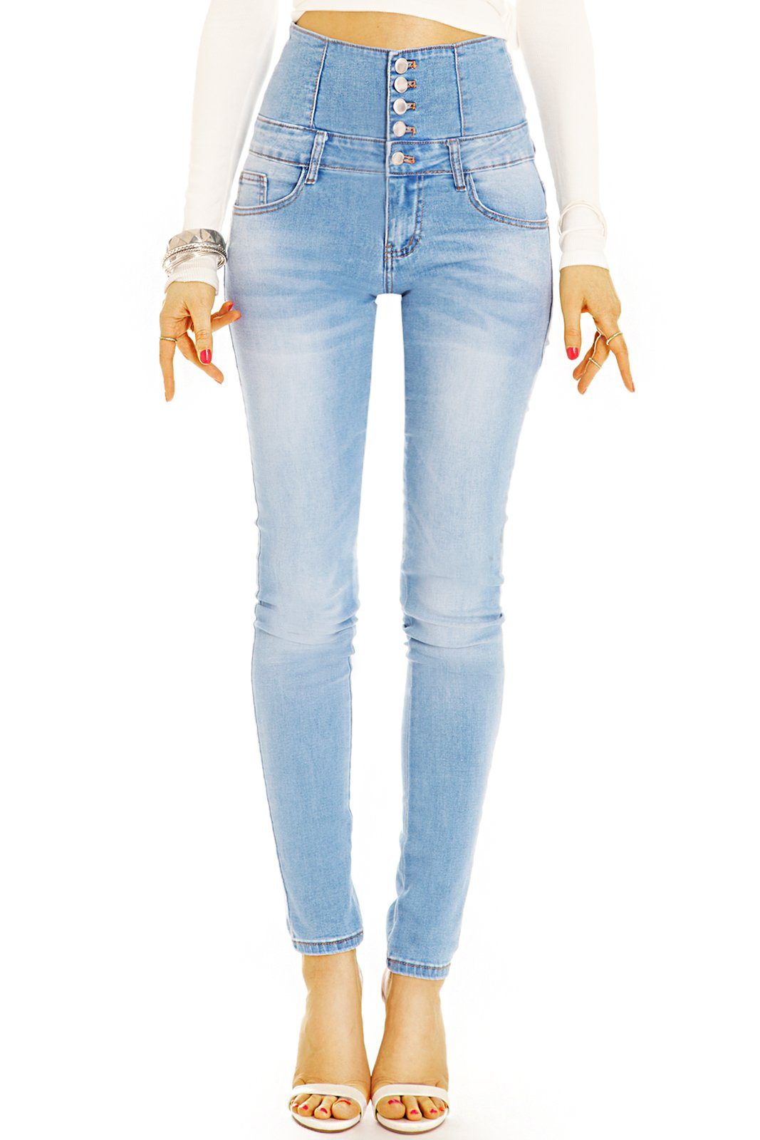 be styled mit Röhrenjeans Knopfleiste mit - High Waist 5-Pocket-Style, Waist High-waist-Jeans High - langer Damen Jeans Stretch-Anteil, j35p