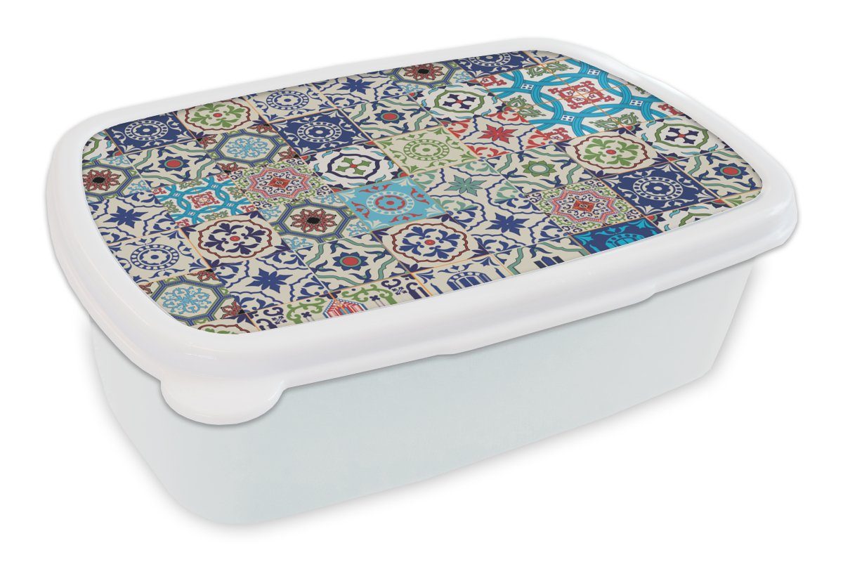 MuchoWow Lunchbox Blumen - Muster - Grün - Blau, Kunststoff, (2-tlg), Brotbox für Kinder und Erwachsene, Brotdose, für Jungs und Mädchen weiß
