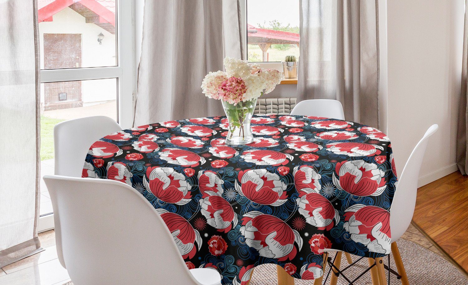 Abakuhaus Tischdecke Kreis Tischdecke Abdeckung für Esszimmer Küche Dekoration, Blumen Blumen und Strudel auf Dunkelheit