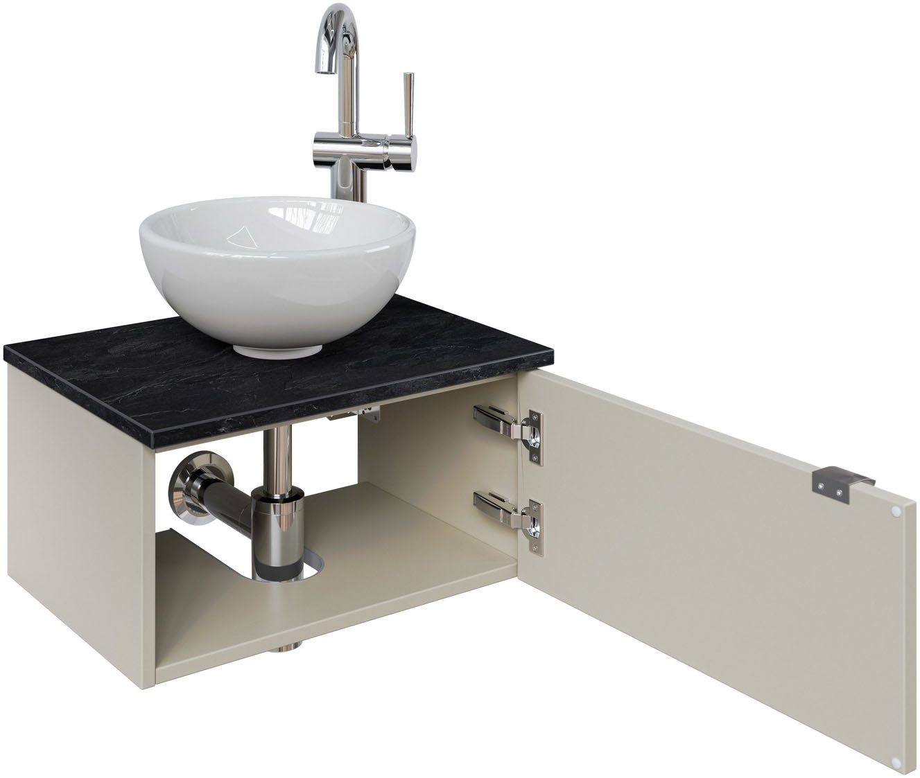 Saphir Waschtisch Serie 6915 Waschschale mit Unterschrank für Gästebad, Gäste WC (3-St., Keramik-Aufsatzbecken, Waschtischplatte, Waschtischunterschrank), 51 cm mit Keramik-Aufsatzbecken und 1 Tür