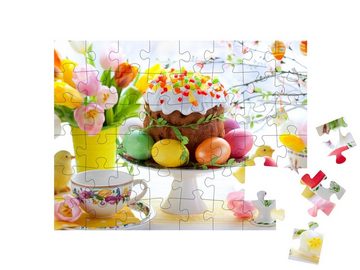 puzzleYOU Puzzle Osterkuchen und bunte Eier auf dem Ostertisch, 48 Puzzleteile, puzzleYOU-Kollektionen Festtage
