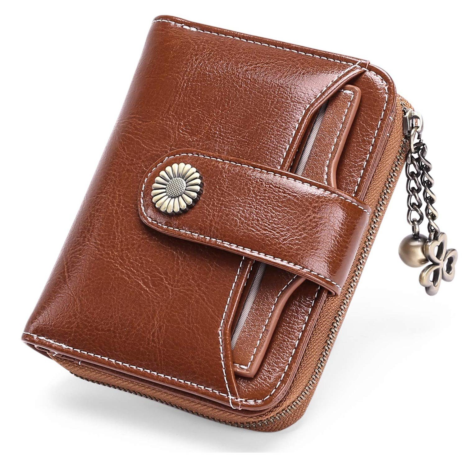 MAGICSHE Brieftasche Echtes Leder Damen Geldbörse, kleine Reißverschluss Geldbörse, Clip mit Münzfach und RFID Schild Retro braun