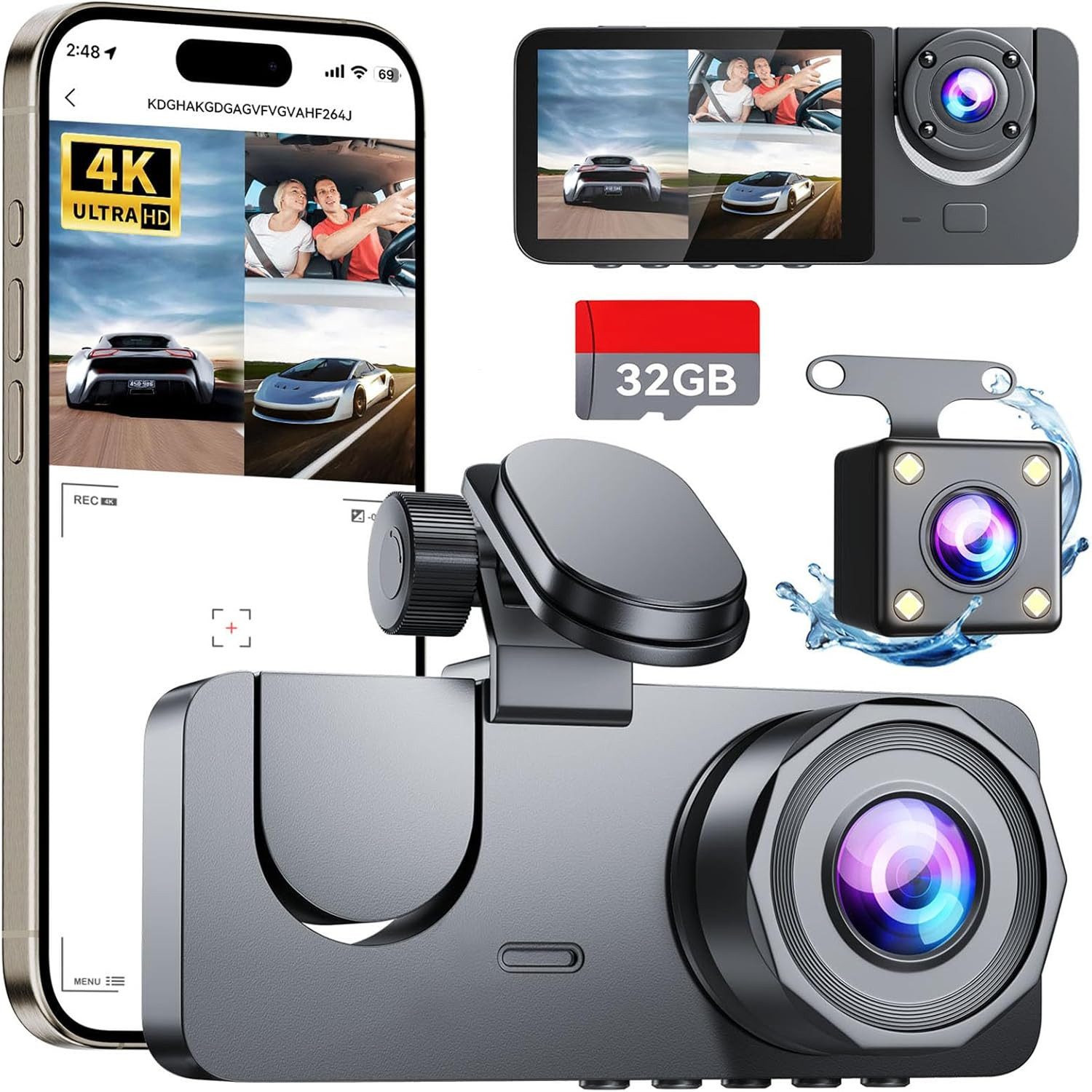 Coolfell Dashcam 4K 3 Kanal Front Rück Innenkamera WiFi G Sensor 32GB Dashcam (4K, WiFi, Dashcam 3 Kanal mit Front Innen Rückkamera 32GB Speicherkarte, 3 Kanal WiFi G Sensor Nachtsicht Loop Aufnahme Parkmodus 32GB)