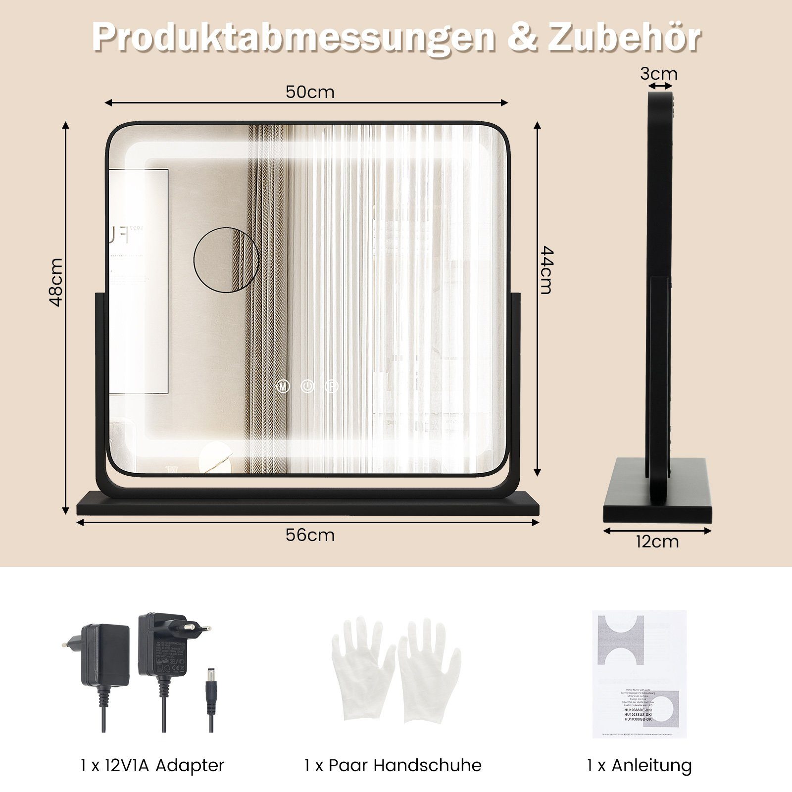 COSTWAY Schminkspiegel, mit 3 dimmbarer Lichtfarben, 5X Vergrößerung, 360°