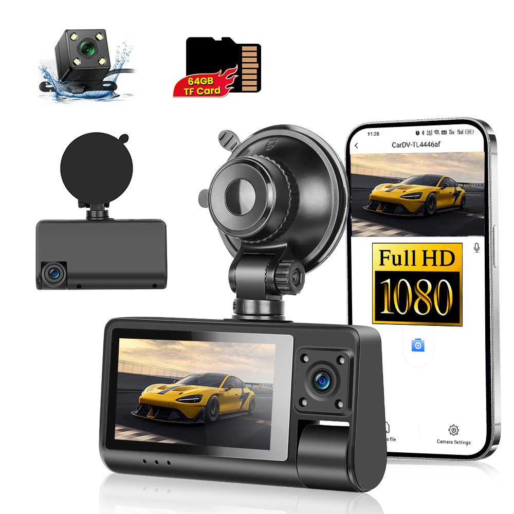3-Kanal Auto-DVR mit Rückfahrkamera & Loop-Aufnahme Dashcam