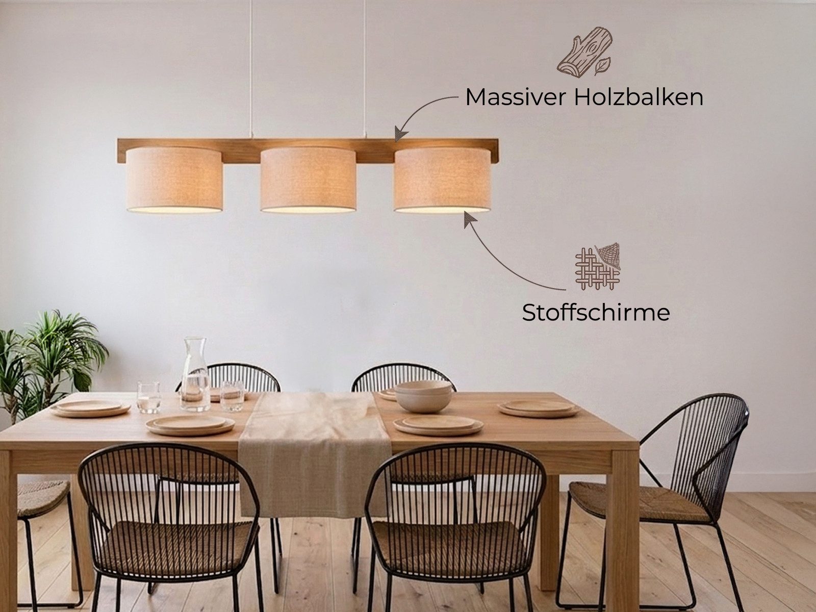 meineWunschleuchte Pendelleuchte mit Holz-Balken & Stoff, Breite 100cm, ohne Leuchtmittel, Esstisch-Lampe hängend, Holzlampe skandinavisch, Esszimmerlampe groß – Bild 5 von 5