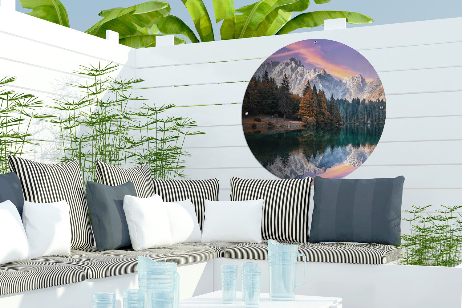 OnlyWow Poster für Garten Berg - Wald - Wasser - Himmel - Rosa - Lila, Gartenposter, Outdoor Bilder, Wetterfest, Garten Deko, 60x60 cm