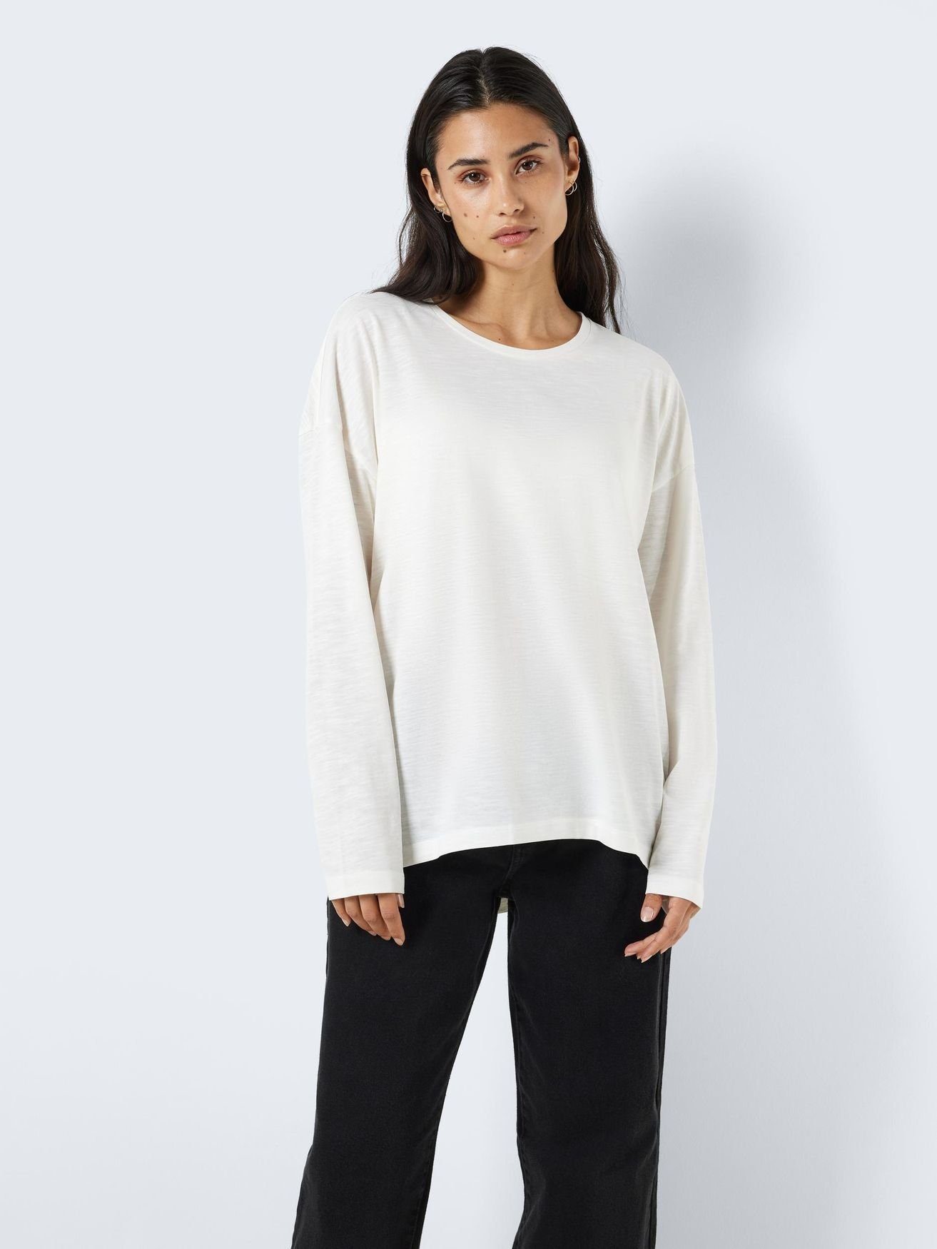 Noisy may Longpullover Lockeres Langarm Basic Shirt NMMATHILDE 5439 in Weiß