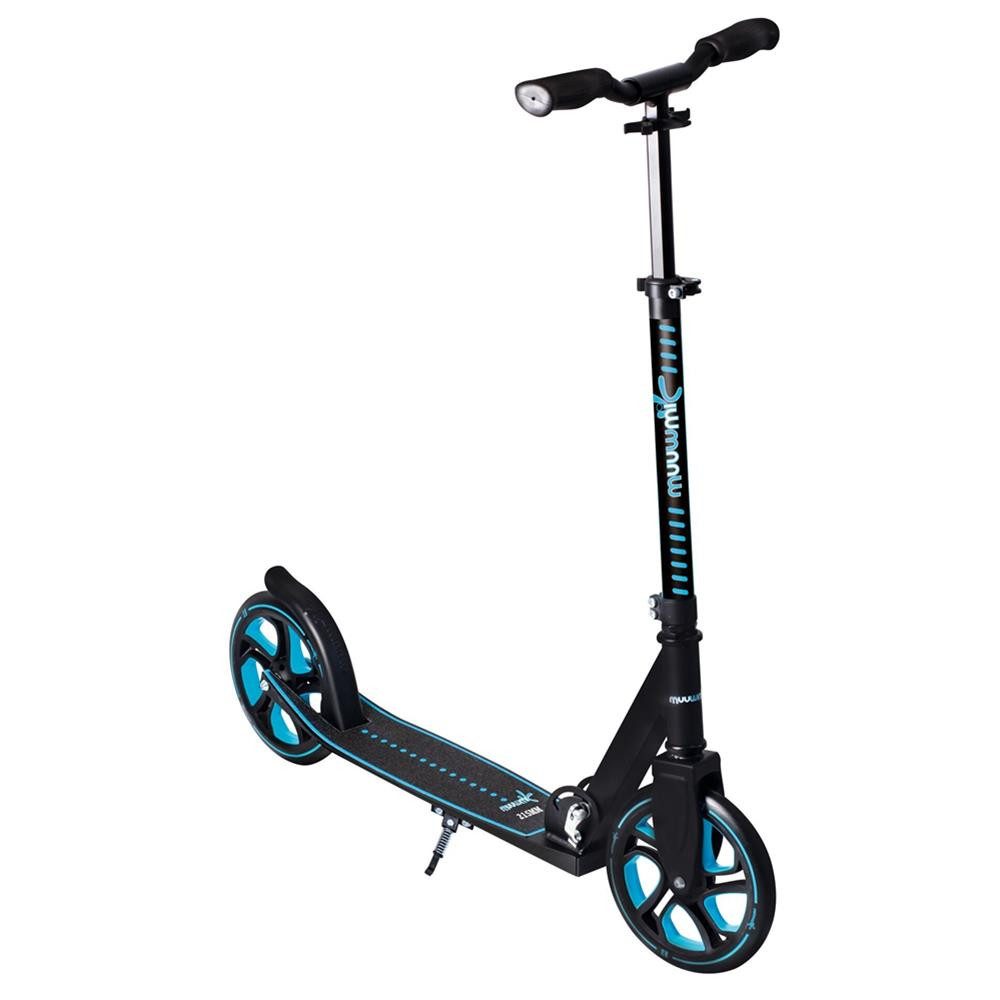 Muuwmi Cityroller Aluminium Scooter Pro 215mm blau Tretroller für Kinder und Erwachsene, Extra breiter BMX-Style-Lenker, Optimierter Klappmechanismus