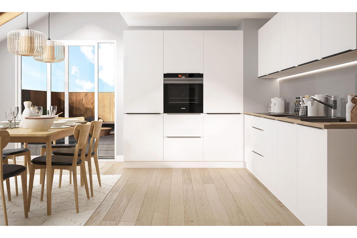 Feldmann-Wohnen Winkelküche Küchenzeile Bonn "A" weiß (biały) - biały mat Griffe Typ UA112 #dv16, (Schubladen mit Vollauszug & Soft-Close (HETTICH InnoTech Atira), 300x180x207cm; Front und Korpus weiß matt; Küchenzeile mit Küchenblock