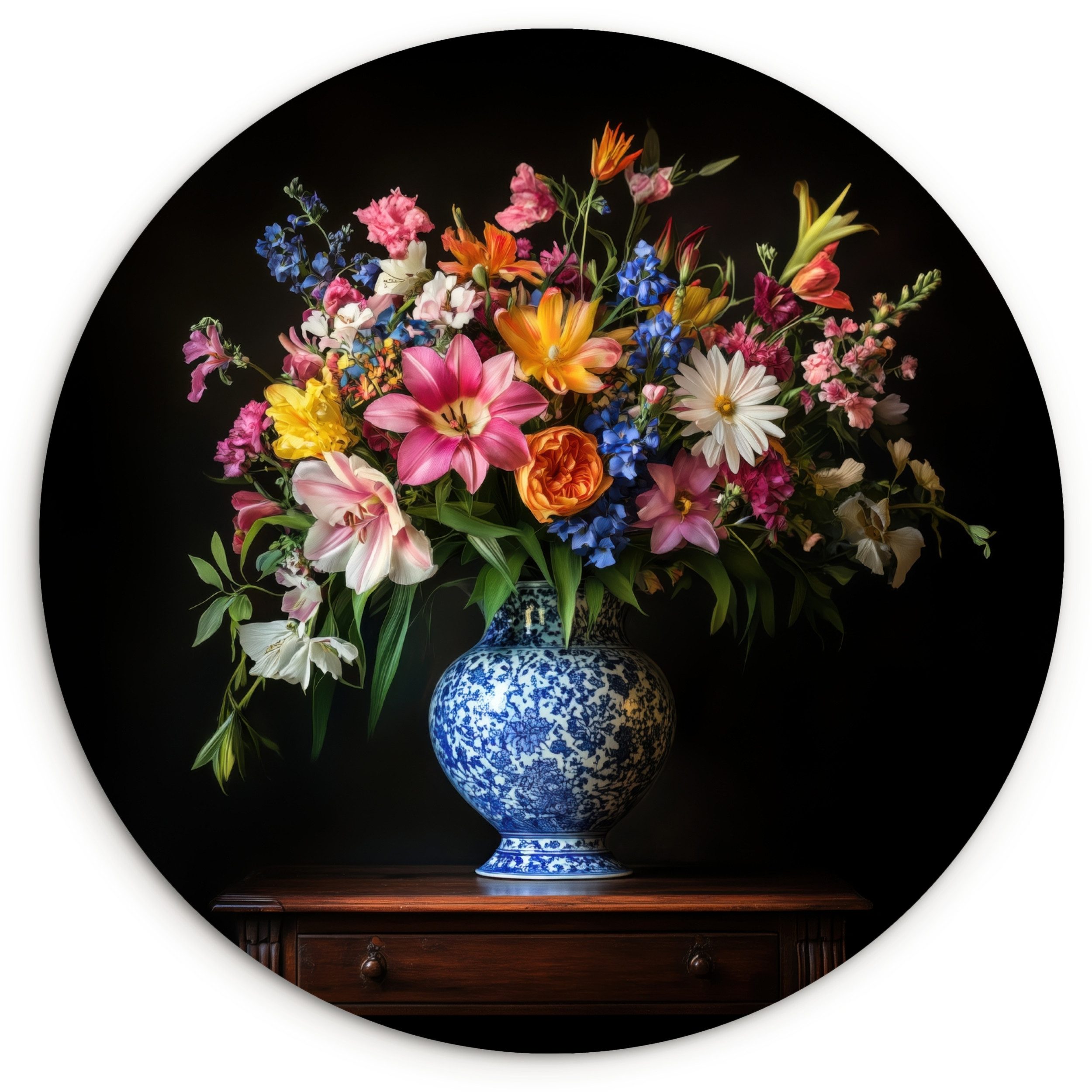 MuchoWow Gemälde Farbe - Vase - Blumen - Blumenstrauß, Fotodruck (1 St), Kreis Wanddekoration, Rundes Wandbild, 30x30 cm
