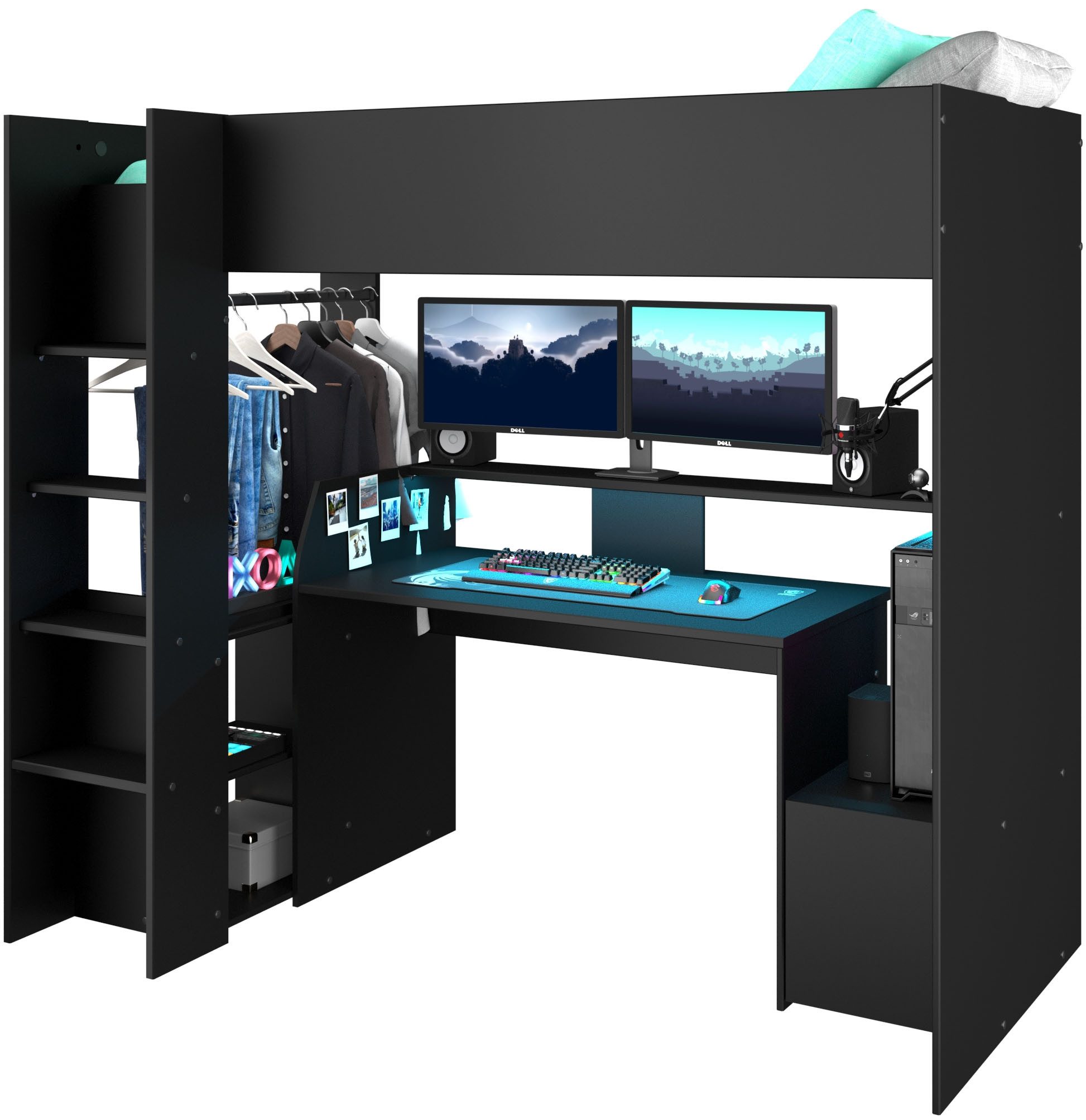 Parisot Hochbett Meddox mit LED & integriertem Gaming‑Arbeitsplatz (Gesamtaußenmaße B/T/H 203,7/94,4/180 cm) Stauraum, Schreibtisch & sicherer Rausfallschutz