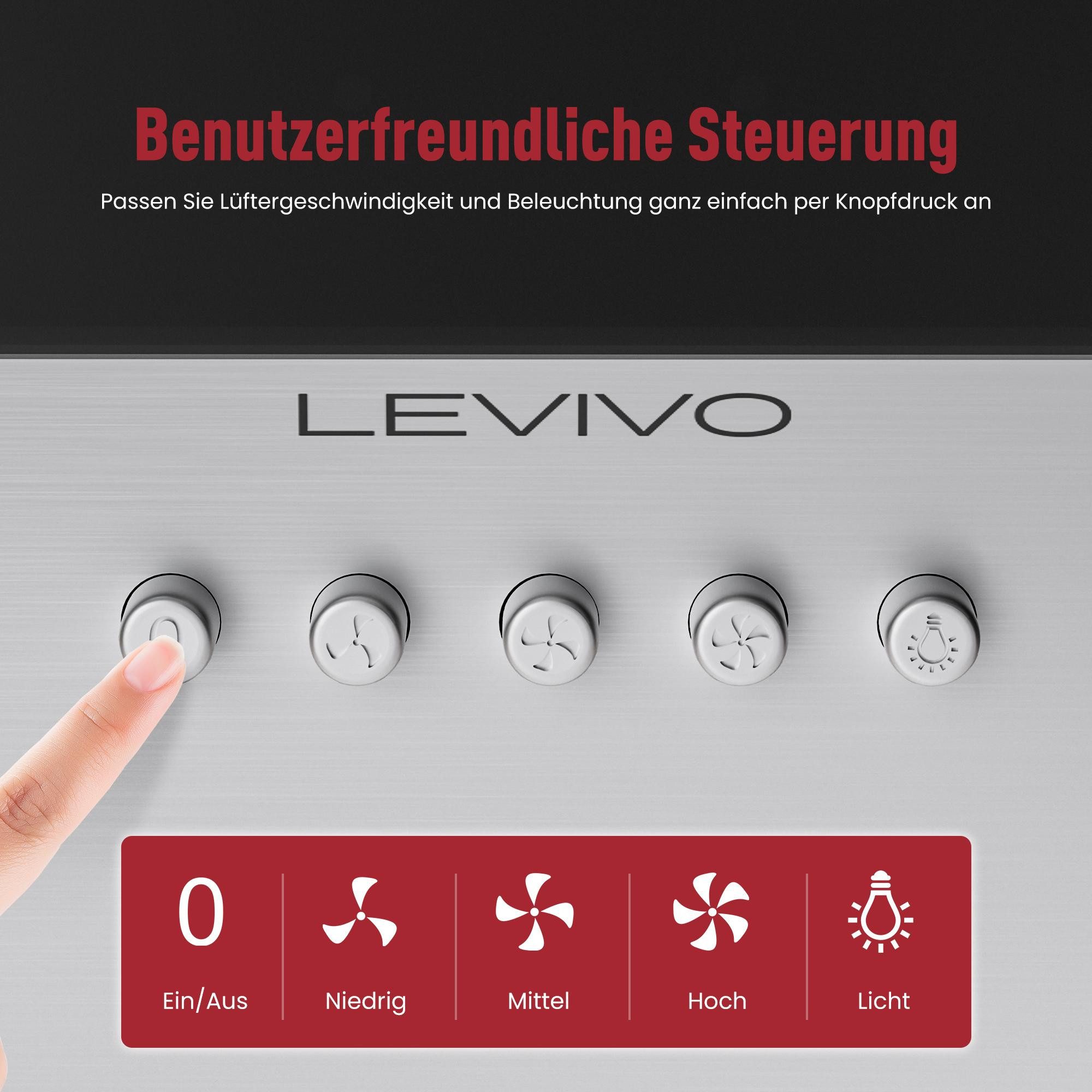 Levivo Kopffreihaube A+++ Dunstabzugshaube 60cm Umluft & Abluft mit 400 m³/h Luftleistung A+++ Dunstabzugshaube 60cm Umluft & Abluft mit 400 m³/h Luftleistung, Aktivkohlefiltern, Fettfiltern, LED-Beleuchtung