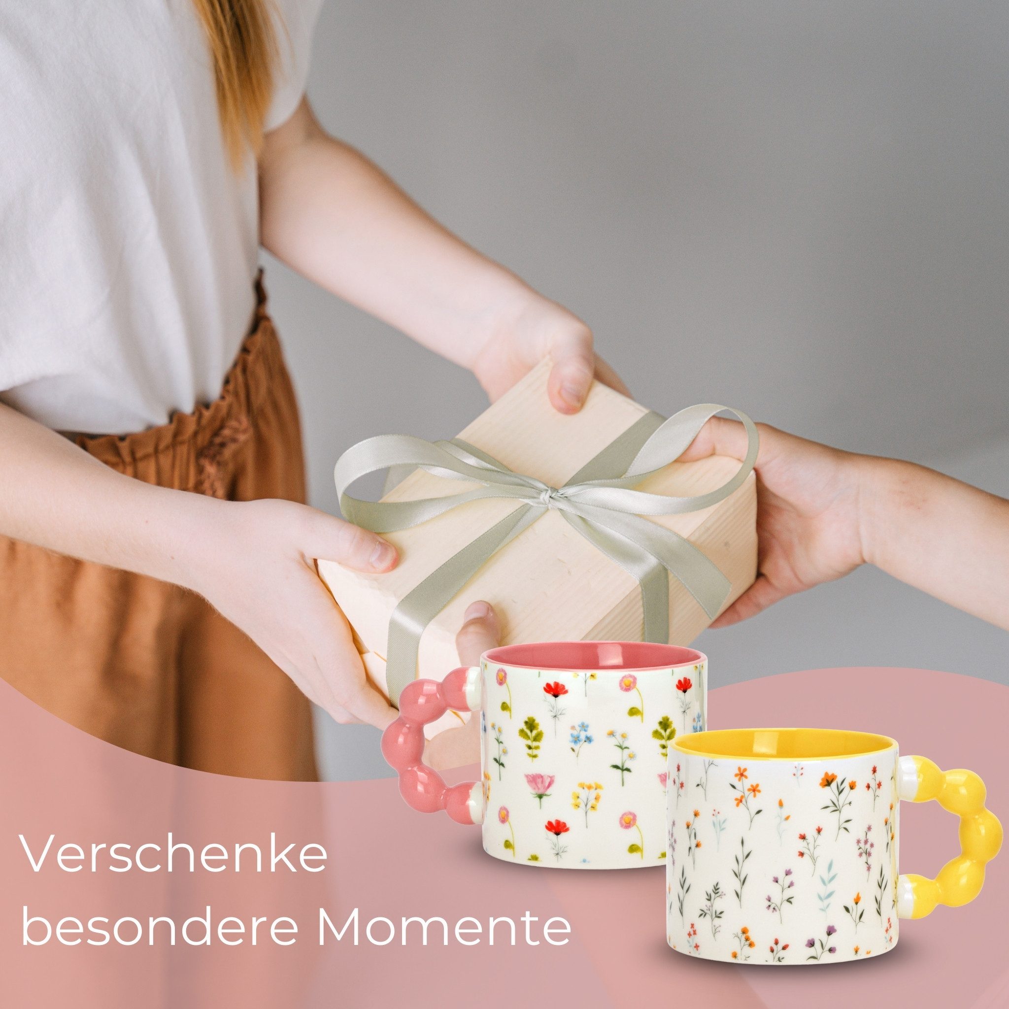 matches21 HOME & HOBBY Tasse Kaffeetassen 3er Set mit Blumen Dekor, 360 ml Porzellanbecher, 3-tlg., Porzellan, Moderne Dopamine Designertasse in Pastellfarben – Bild 5 von 5