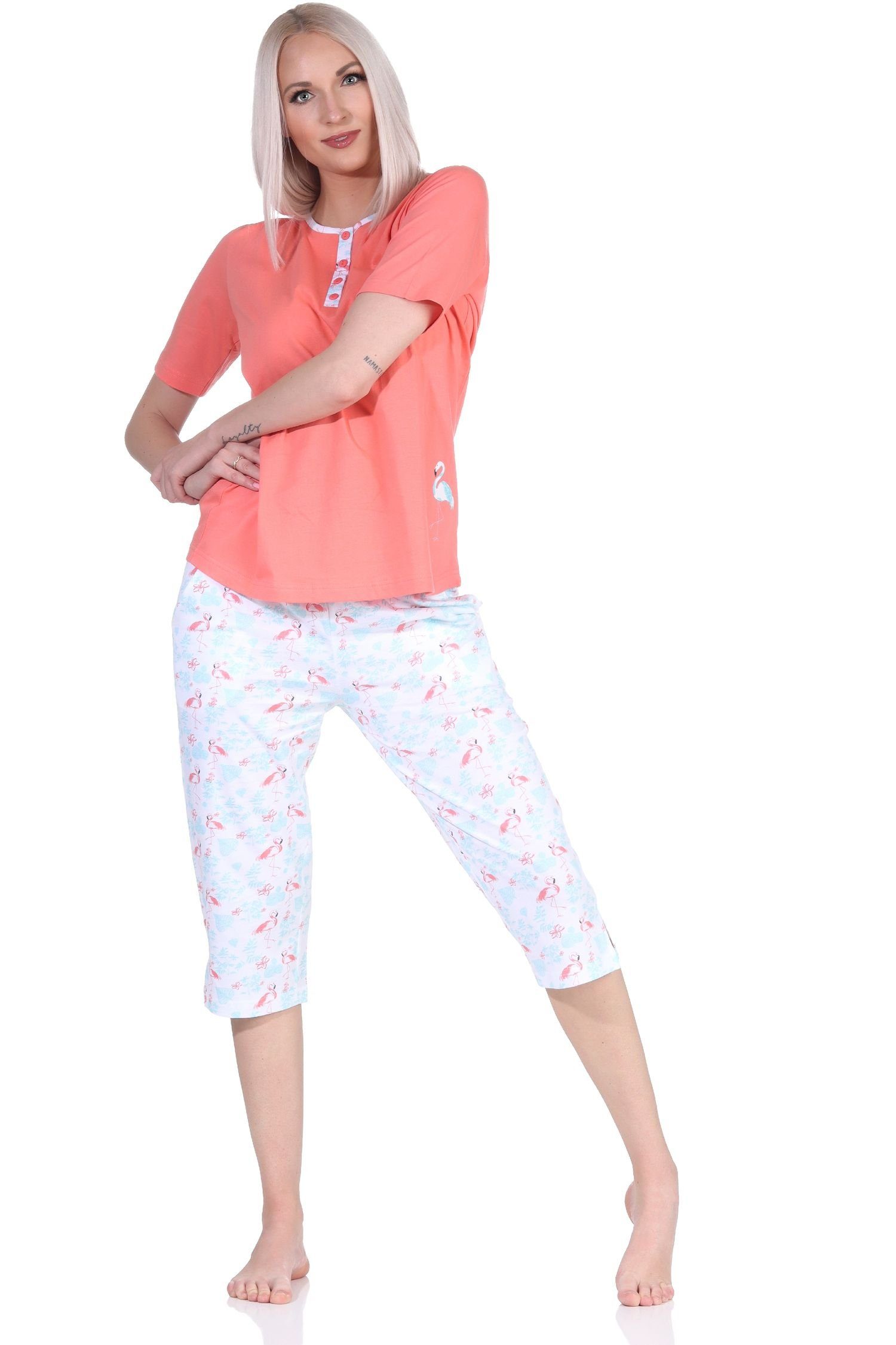 Normann Pyjama Damen Capri kurzarm Schlafanzug mit Flamingo Motiv apricot