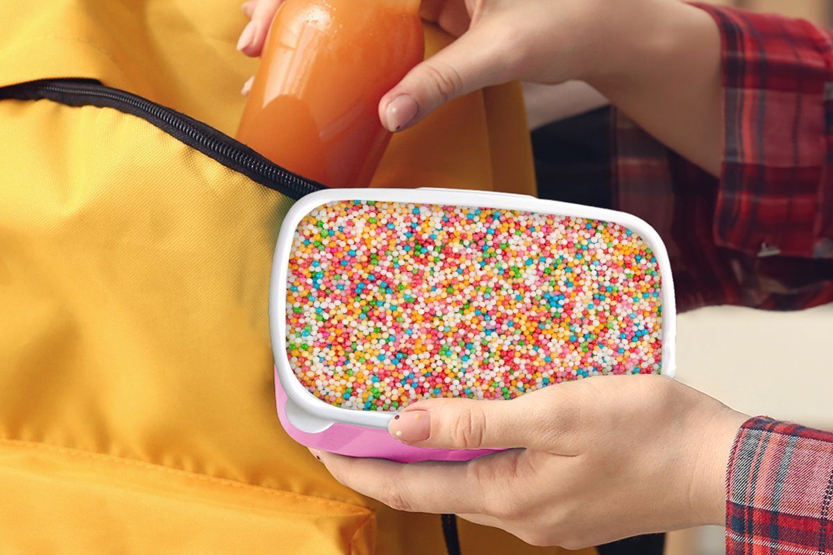 MuchoWow Lunchbox Zuckerkugeln in Regenbogenfarben, rosa Brotdose Kunststoff, Erwachsene, Kinder, Brotbox (2-tlg), Mädchen, Kunststoff für Snackbox