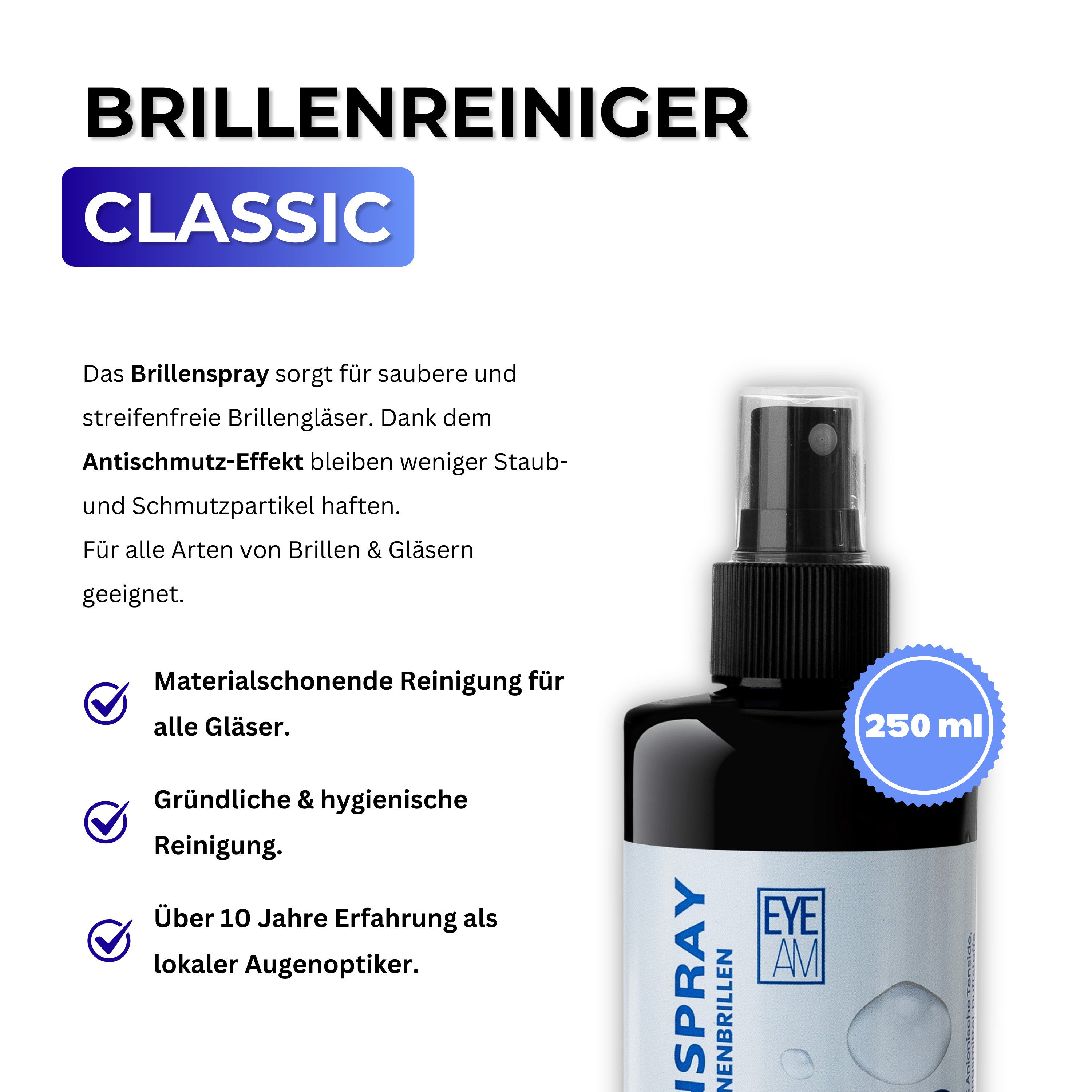 EyeAm Brillenreiniger Set, 250ml Reinigungsspray & Mikrofasertuch, Glasreiniger