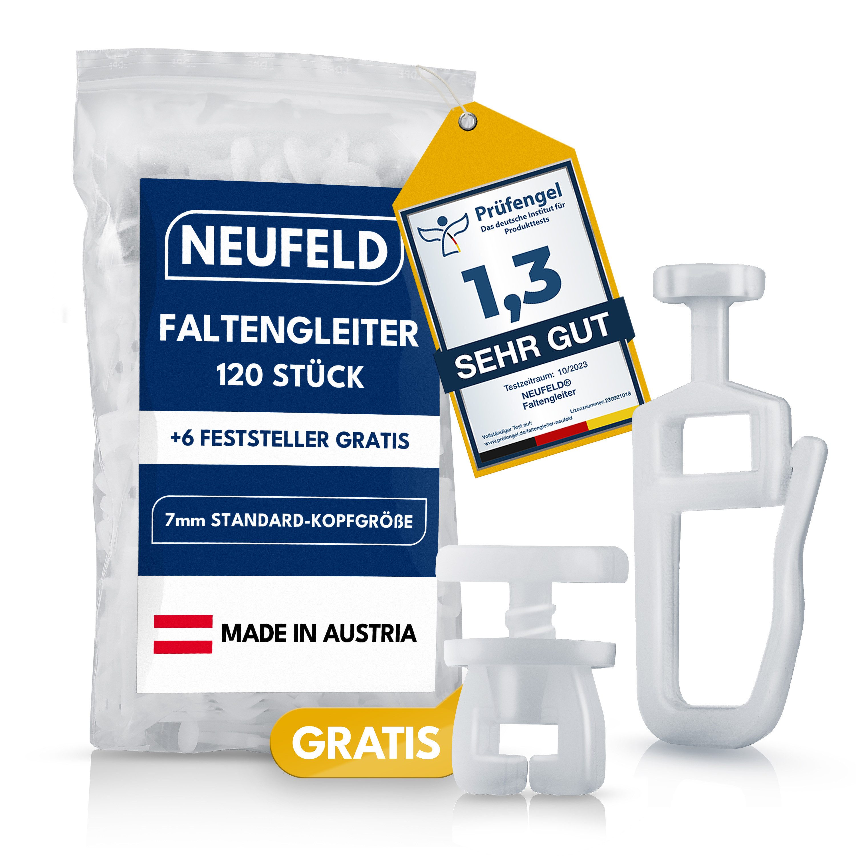 NEUFELD Gardinengleiter für Schienen 120 Stück inkl. 6 Feststeller I Faltengleiter, (Set), 7 mm Standardgröße Leise & leichtläufig Waschfest Bruchsicher
