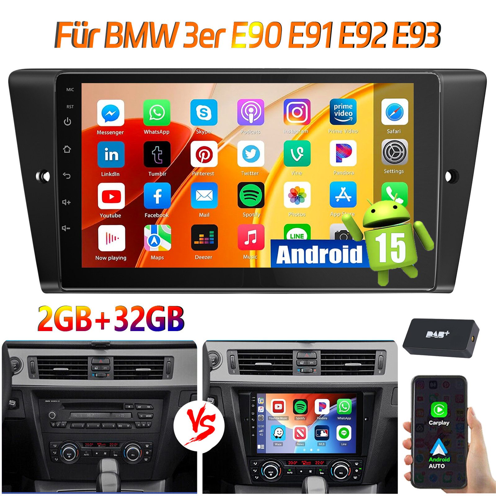 ESSGOO DAB+ Für BMW 3er E90 E91 E92 E93 9'' Carplay Android15 GPS WIFI BT Autoradio (RDS, 4+64GB(optional), DAB (optional), FM, AM, DAB+ (optional), Carplay Android Auto Bluetooth EQ USB GPS Navi WIFI Touchscreen)