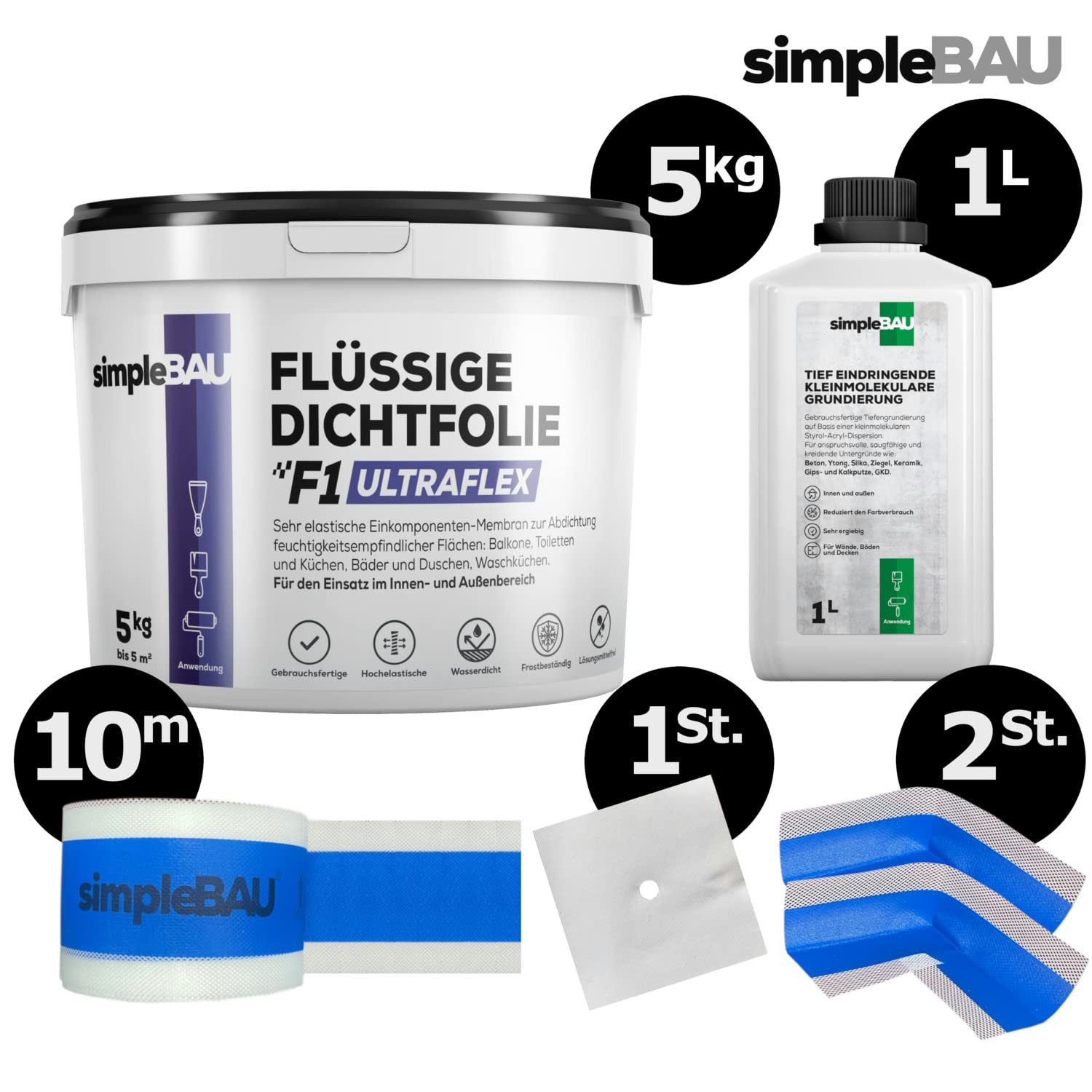 simpleBAU Dichtstoff Flüssigfolie Dichtfolie F1 Ultraflex 5kg + Tiefengrund 1L, (6-tlg)