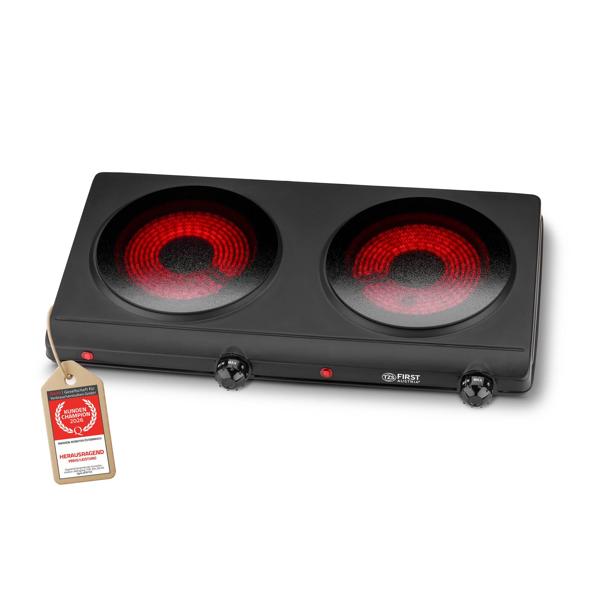 TZS FIRST AUSTRIA Doppelkochplatte Infrarot Kochplatte, 2500W, Keramik, stufenlose Temperaturregelung, Kochfeld Schwarz, Herdplatte für Camping