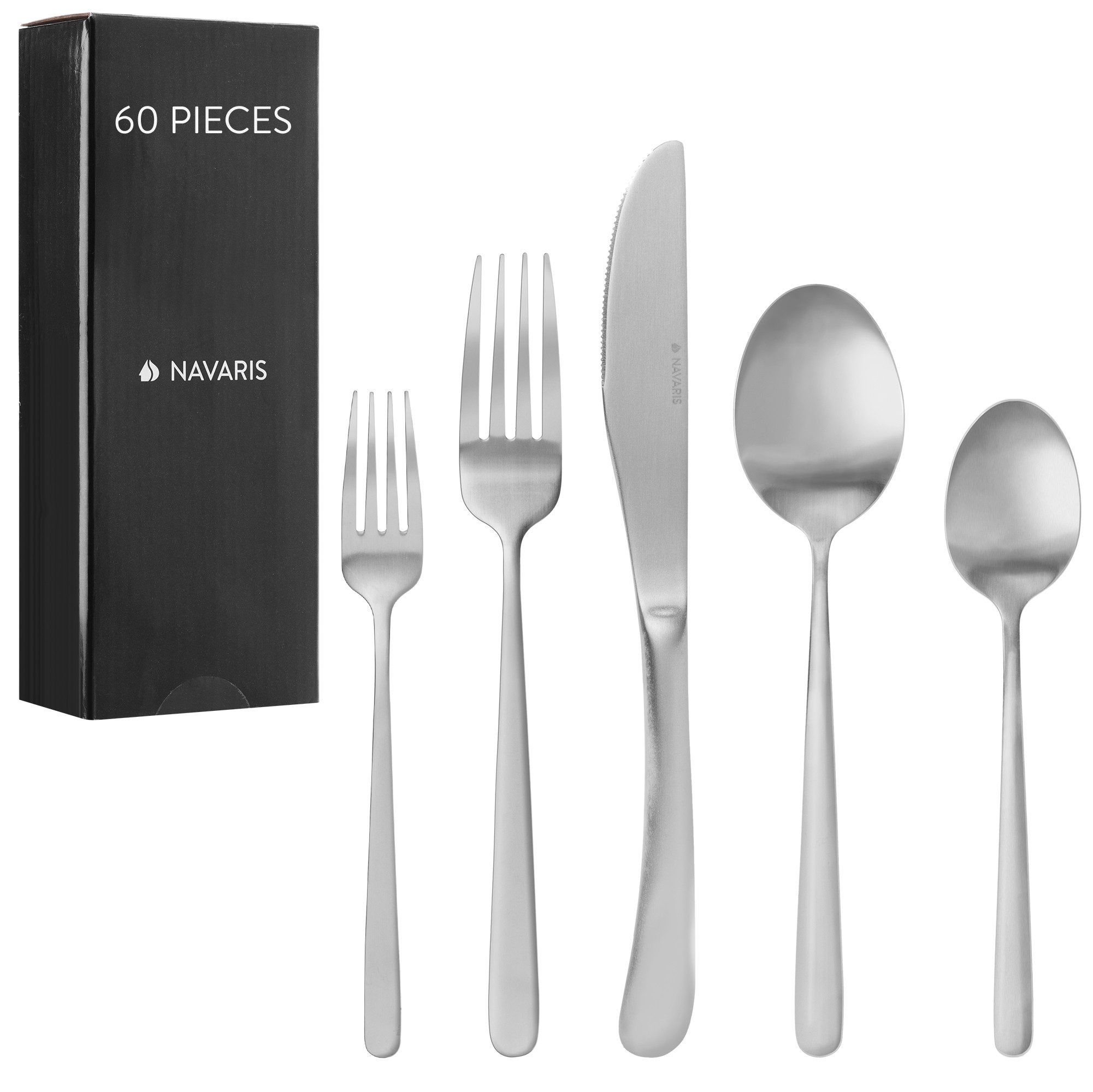 Navaris Besteck-Set Besteck Edelstahl 18/0 - Ложки Ножи und Gabel Set - Cutlery Set (60-tlg), Edelstahl, Edelstahl Besteck Set 12 Personen - 60-teiliges Besteckset Silber matt