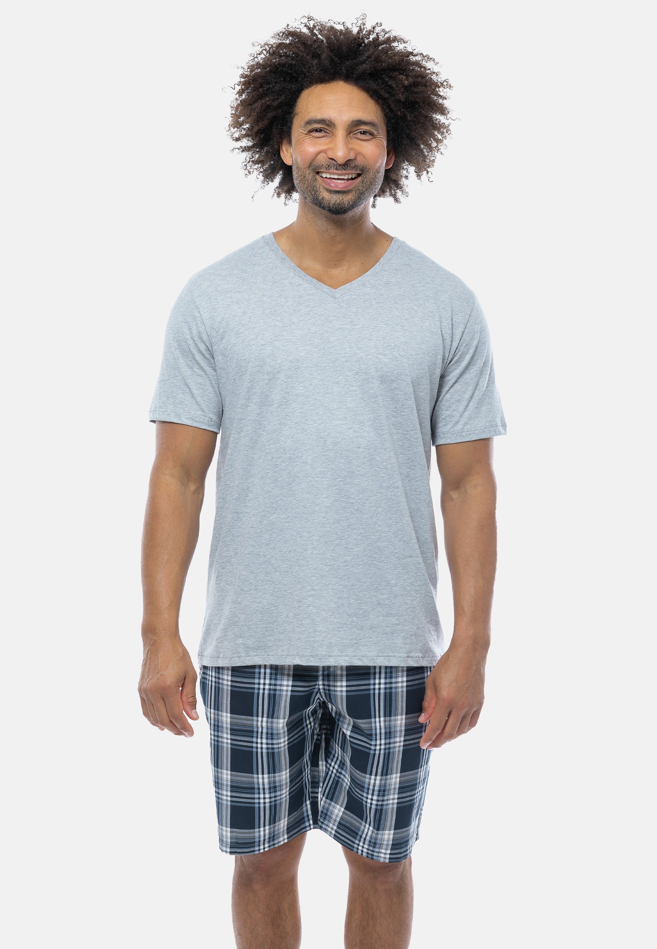 Baumwolle Pyjama mit Kurzarm-Shirt 2 Hose mit tlg) - Schiesser V-Ausschnitt, Mix Taschen (Set, Kurze seitlichen - Schlafanzug und Bindeband