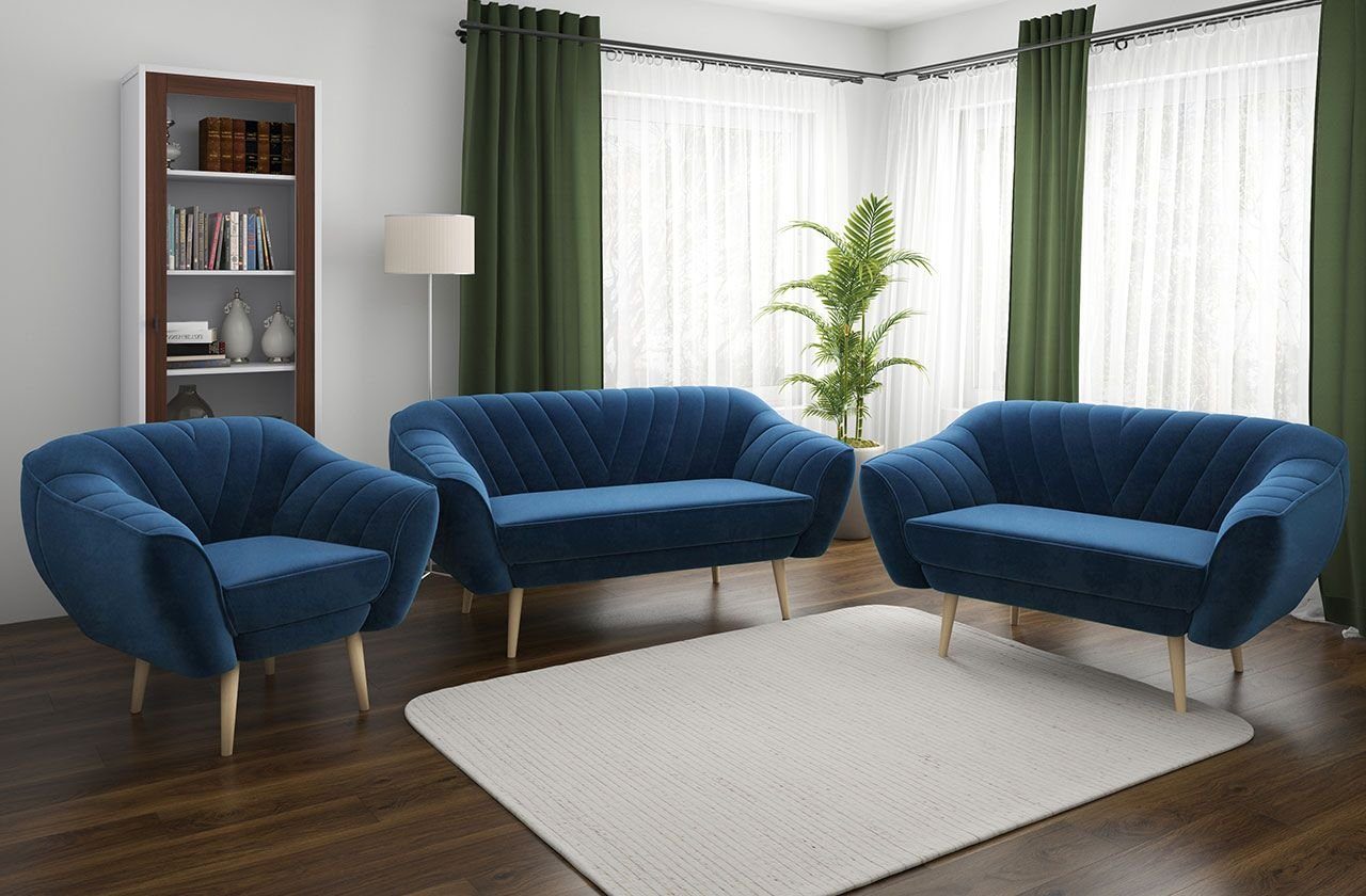 MKS MÖBEL Sofa VIKI 3 2 1, Skandinavische Deko, Polstersofa, Moderne Sofa Set 3+2+1, Sechs Personen Dunkelblau Monolith