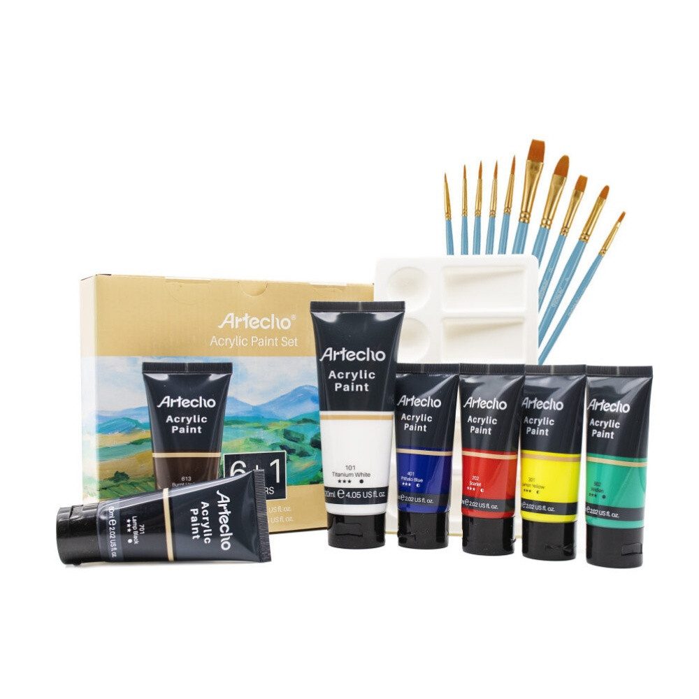 Artecho Acrylfarbe 6 x 60ml + 1 x 120ml Wasserfest Acrylfarben mit 10 Pinseln & 1 Palette, für Papier, Ton, Holz, Steine – zum Reisen, Malen & Freude verschenken