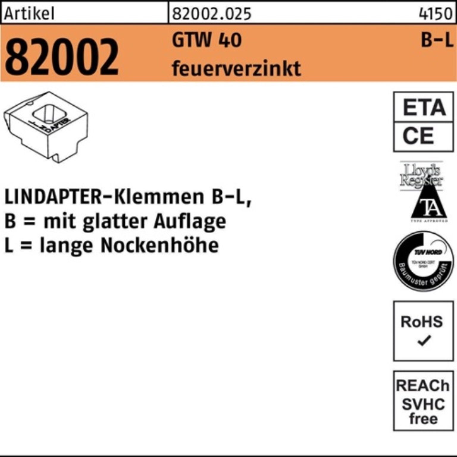 Lindapter Klemmen 100er Pack Klemmen R 82002 GTW 40 LM 24/16,0 feuerverz. 1 Stück LINDA