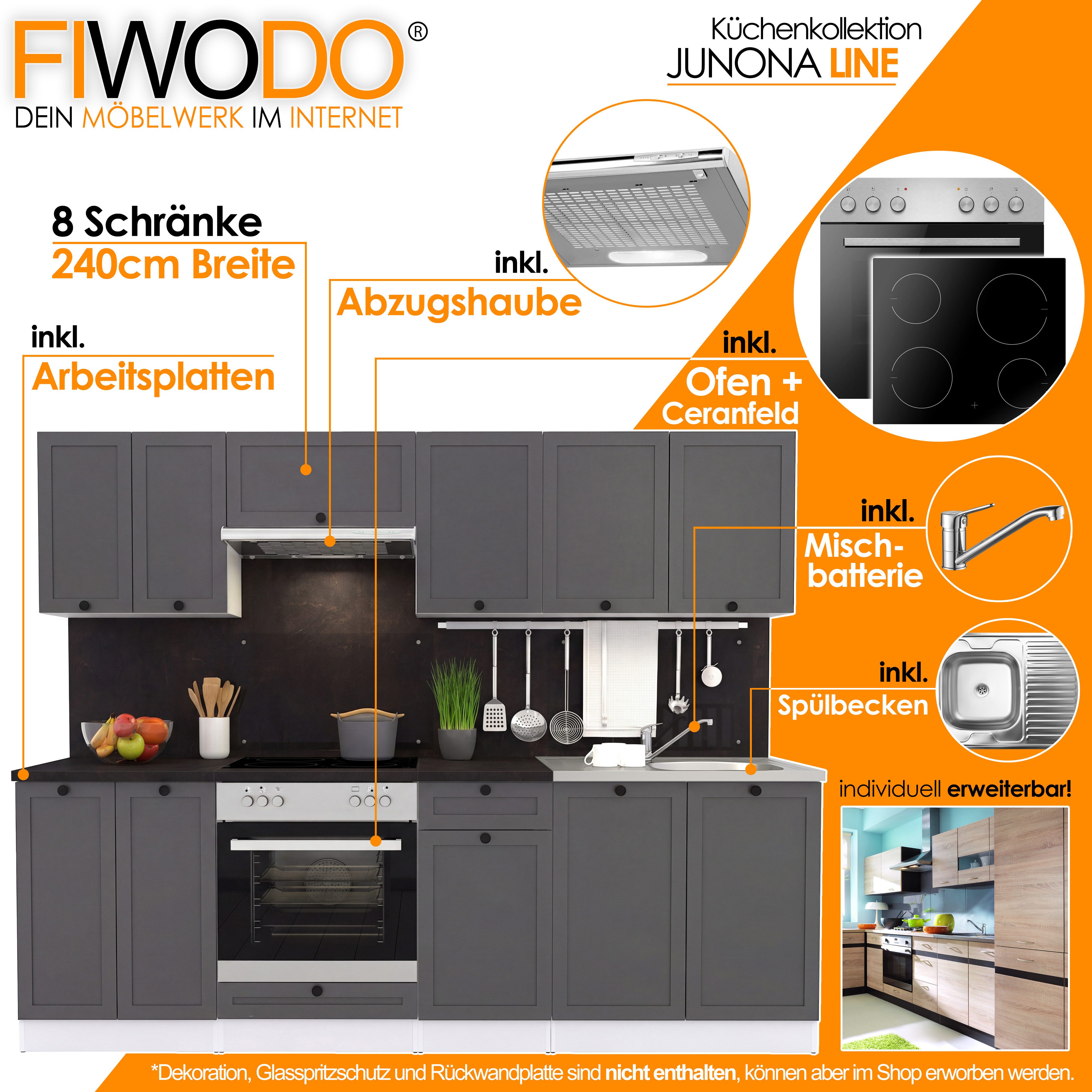 FIWODO.de - Dein Möbelwerk im Internet Küche Küchenzeile 240cm mit Elektrogeräten komplett Spülbecken Arbeitsplatte, (Set), mit E-Geräten, Breite 240cm, mit Spülbecken, mit Arbeitsplatte