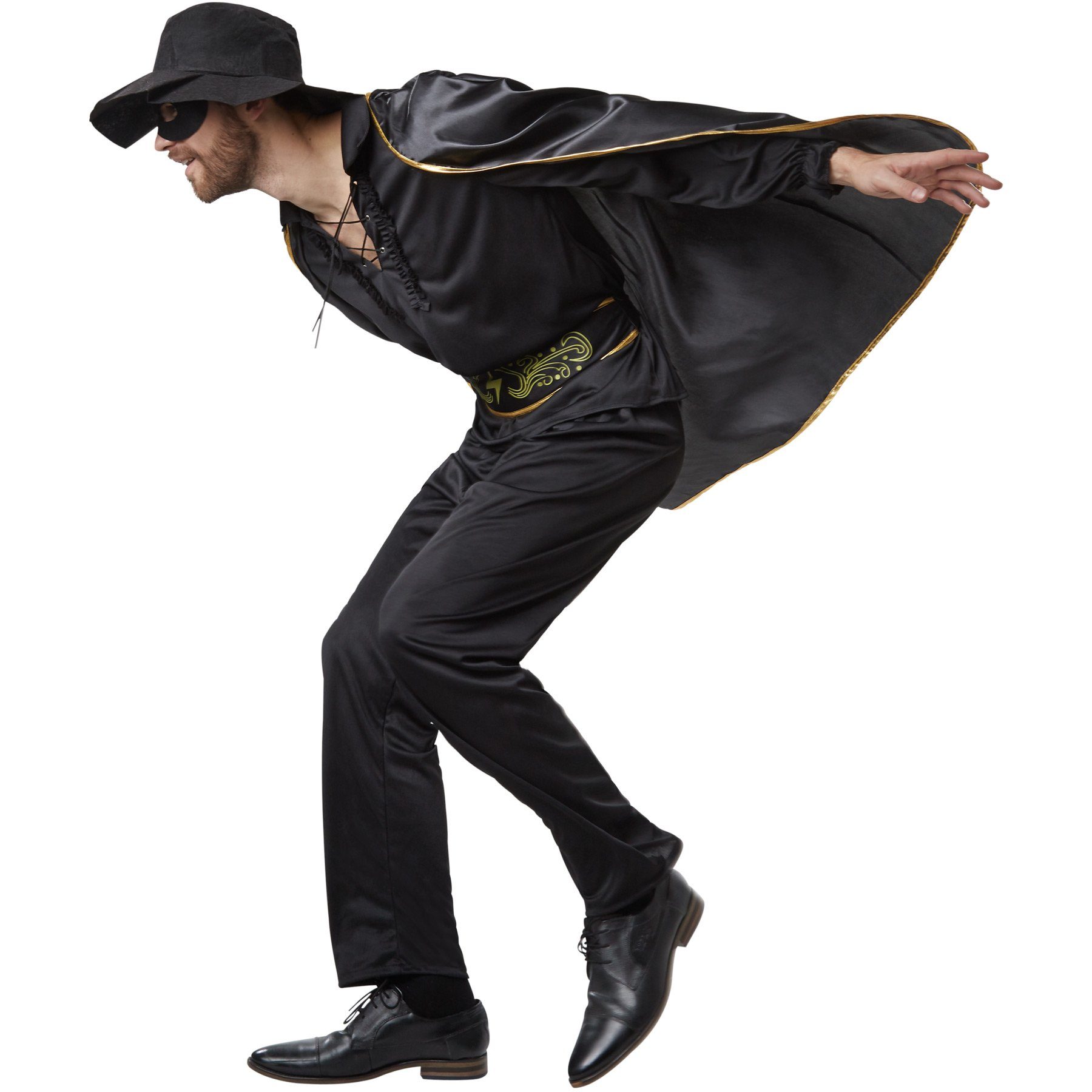 dressforfun Kostüm Held/Kämpfer, in schwarz, Gr. S, Lange Hose mit Kummerbund bindbar, Inkl. Cape, Maske und Hut, Kragen mit Schnürung und Rüschenmuster