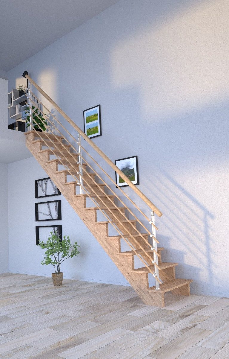 Starwood Raumspartreppe Holztreppe Lindos (Eiche) in gerader Ausführung-80 cm-Design Geländer