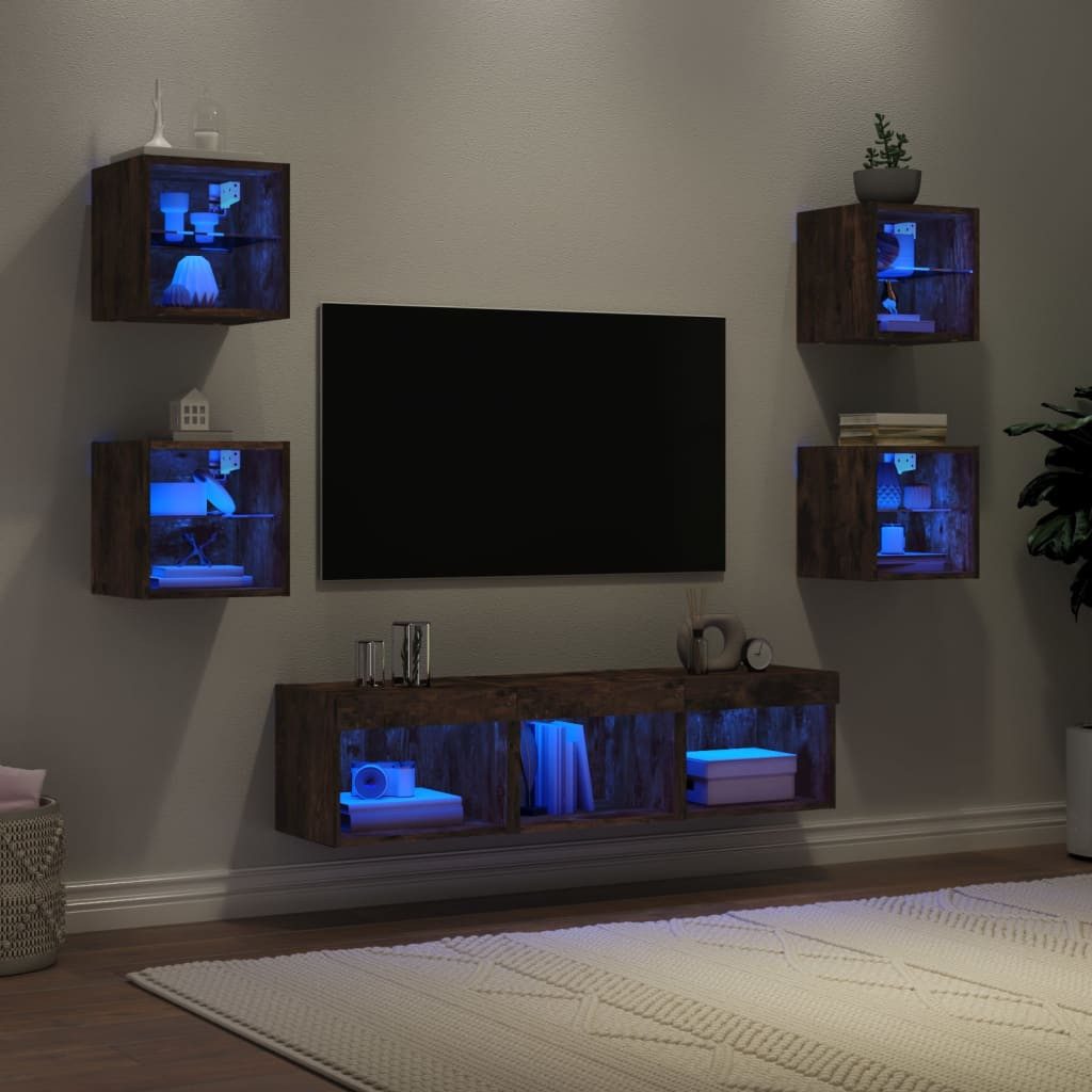 vidaXL Schrankmodule 7-tlg. Wohnwand mit LED-Beleuchtung Räuchereiche Holzw günstig online kaufen