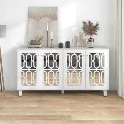 SEEZSSA Sideboard Weiß verspiegeltes Anrichte Sideboard Wohnzimmer mit Kristallgriffen (Set, mit 4 Türen und beweglichem Laminat), 160 x 40 x 84 cm