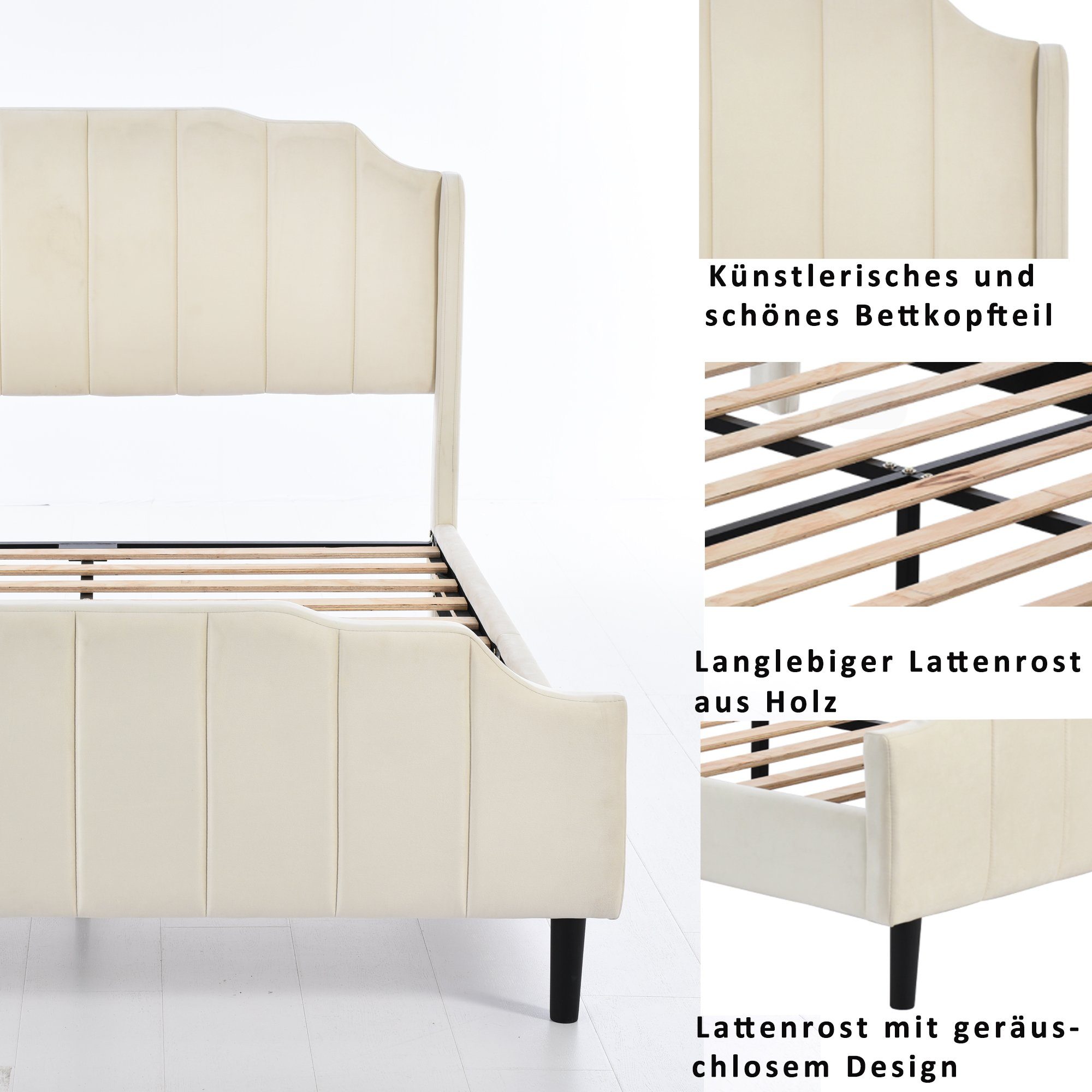 Beige mit Kinderbett,Gästebett, mit 140x200cm, Doppelbett,Jugendbett, Ulife Kopfteil Lattenrost Polsterbett Samt,