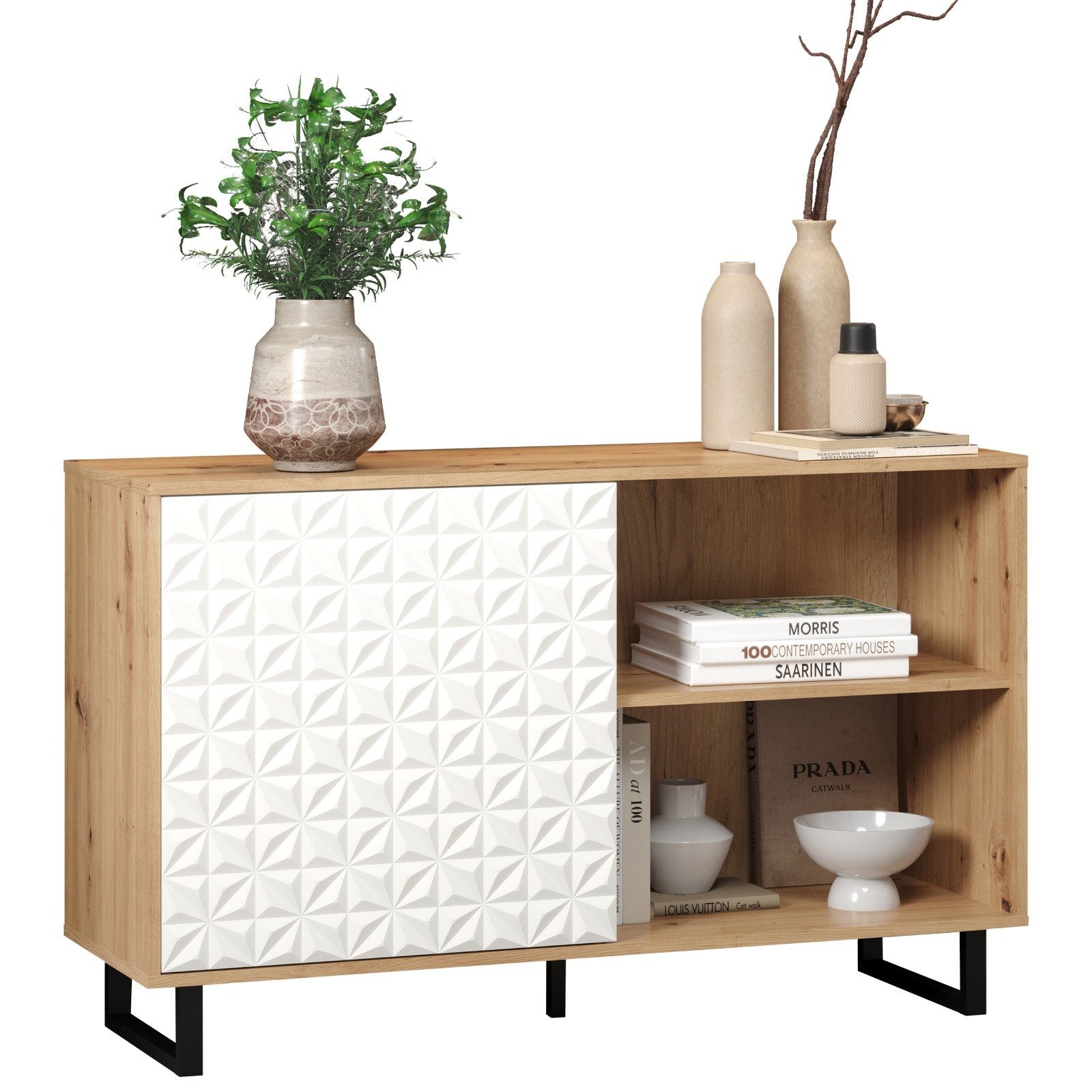 trendteam Sideboard, Kommode Schrank Softclose Aventura Eiche Melamin Weiß 123x75x40 cm