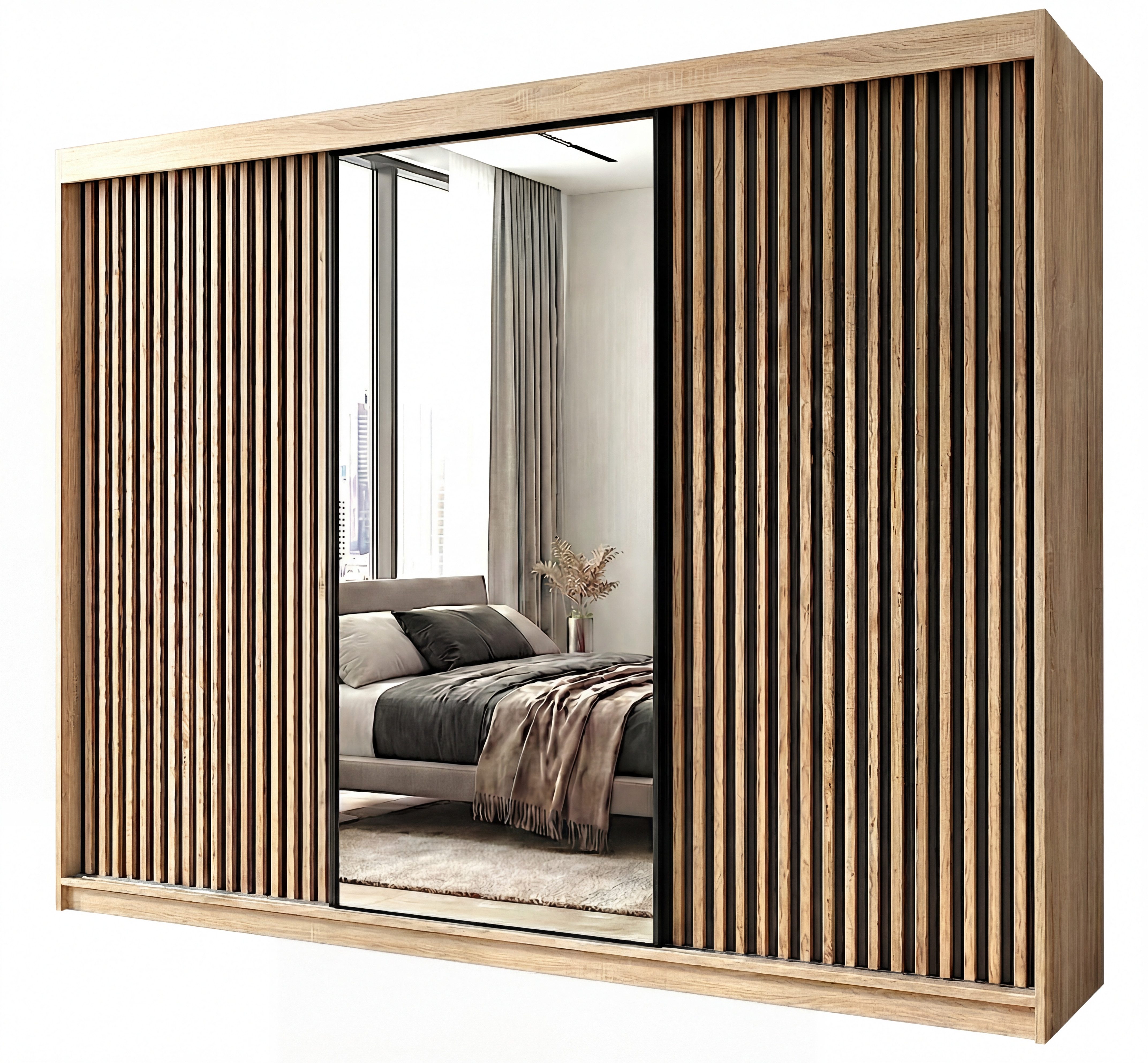 A&J MöbelLand GmbH Schiebetürenschrank FARA 200 cm mit 3D-Lamellen und Spiegelfront (TOP ANGEBOT! Geräumiger Schrank mit einer Breite von 200 cm ideal zur Aufbewahrung von Kleidung und Accessoires. Wählen Sie das ideale Modell für Ihr Schlafzimmer!, TOP P