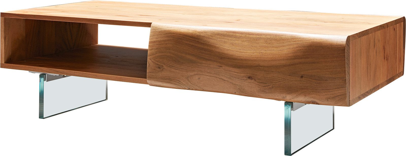 DELIFE Couchtisch New, Live-Edge Akazie Natur 115x60 cm 2 Schubladen 1 Fach Glasfuß