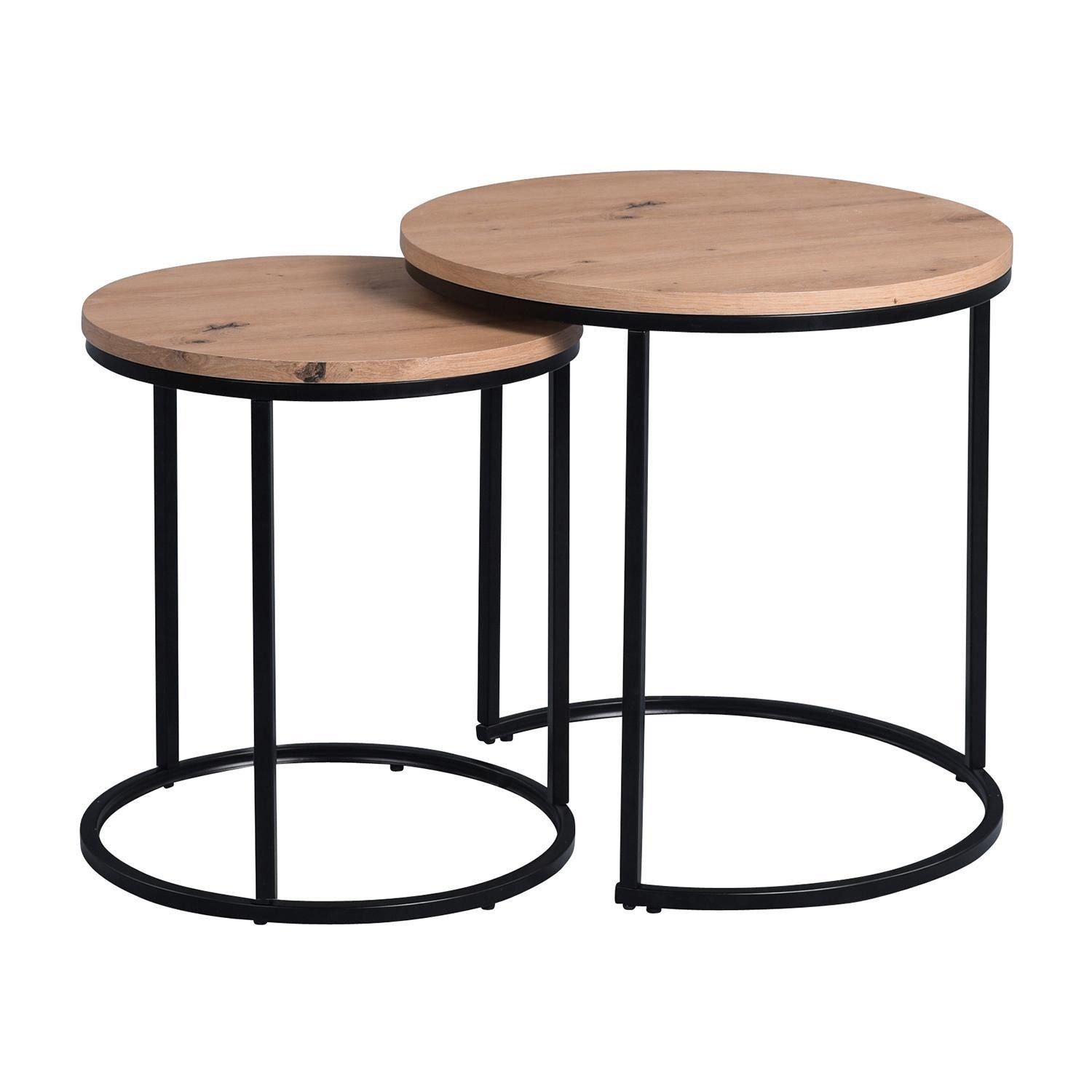 M2 Kollektion Couchtisch Set 2-teilig DENVER, Artisan Eiche Dekor, Schwarz, Metallgestell, Ø 50 x H 52 cm & Ø 40 x H 47 cm