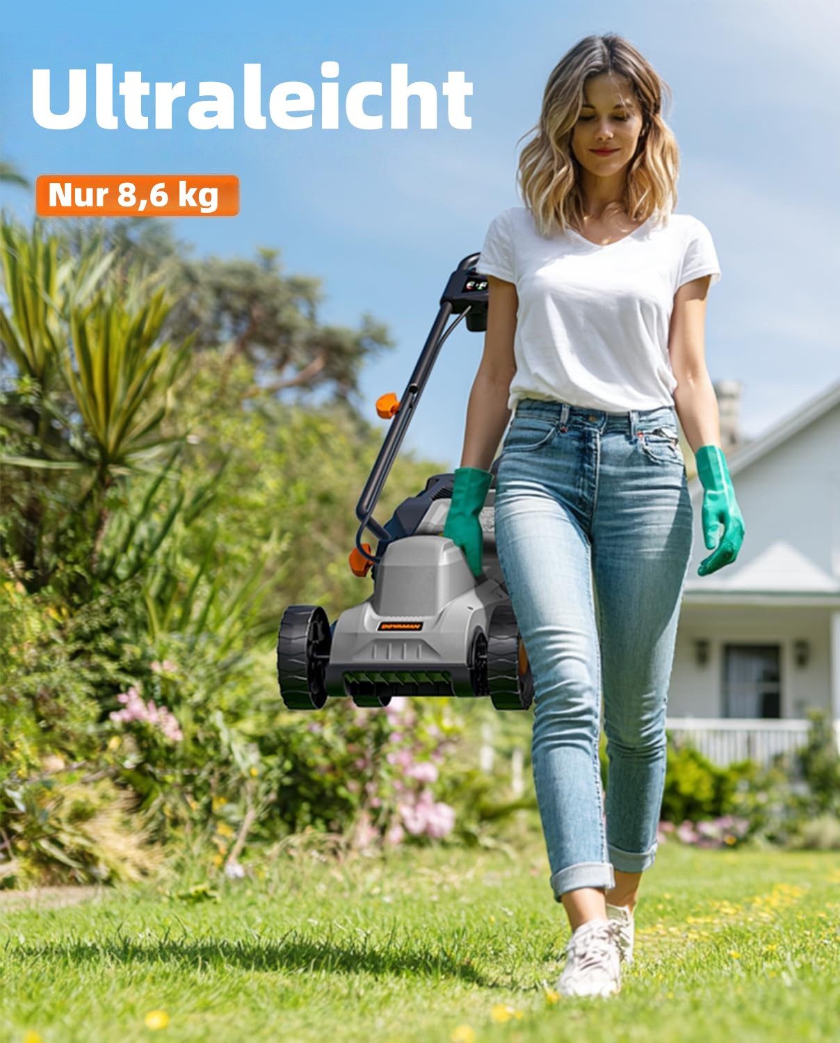 DOVAMAN Electric Lawn Mower 1300W, 33cm Cutting Width, 3-Position Height Adjustable, 95% Grass Collection Rate