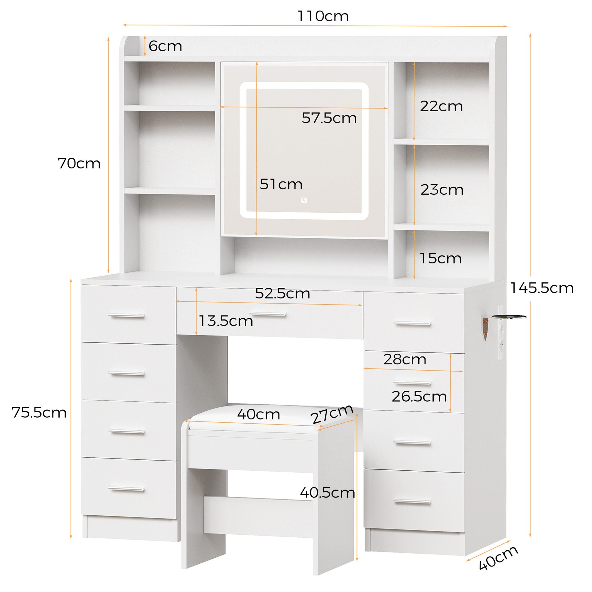 BEWISHOME Schminktisch mit Türspiegel und Steckdosen, 9 Schubladen, LED-Bel günstig online kaufen