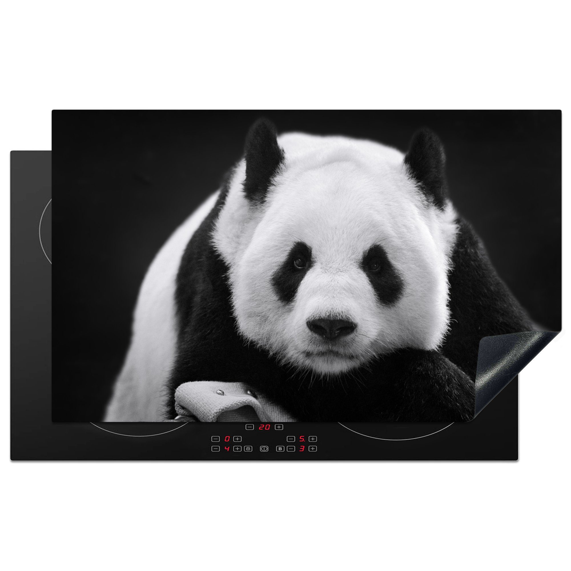 MuchoWow Herdblende-/Abdeckplatte Panda - Schwarz - Weiß, Vinyl, (1 tlg), 83x51 cm, Ceranfeldabdeckung, Arbeitsplatte für küche