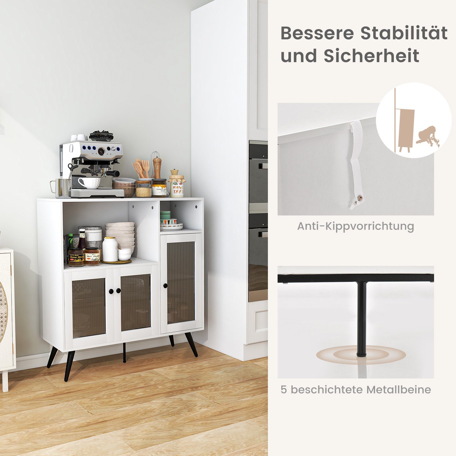 COSTWAY Küchenbuffet mit Glastüren Weiß Kippschutz, Fächern, | weiß & 100x39,5x100cm