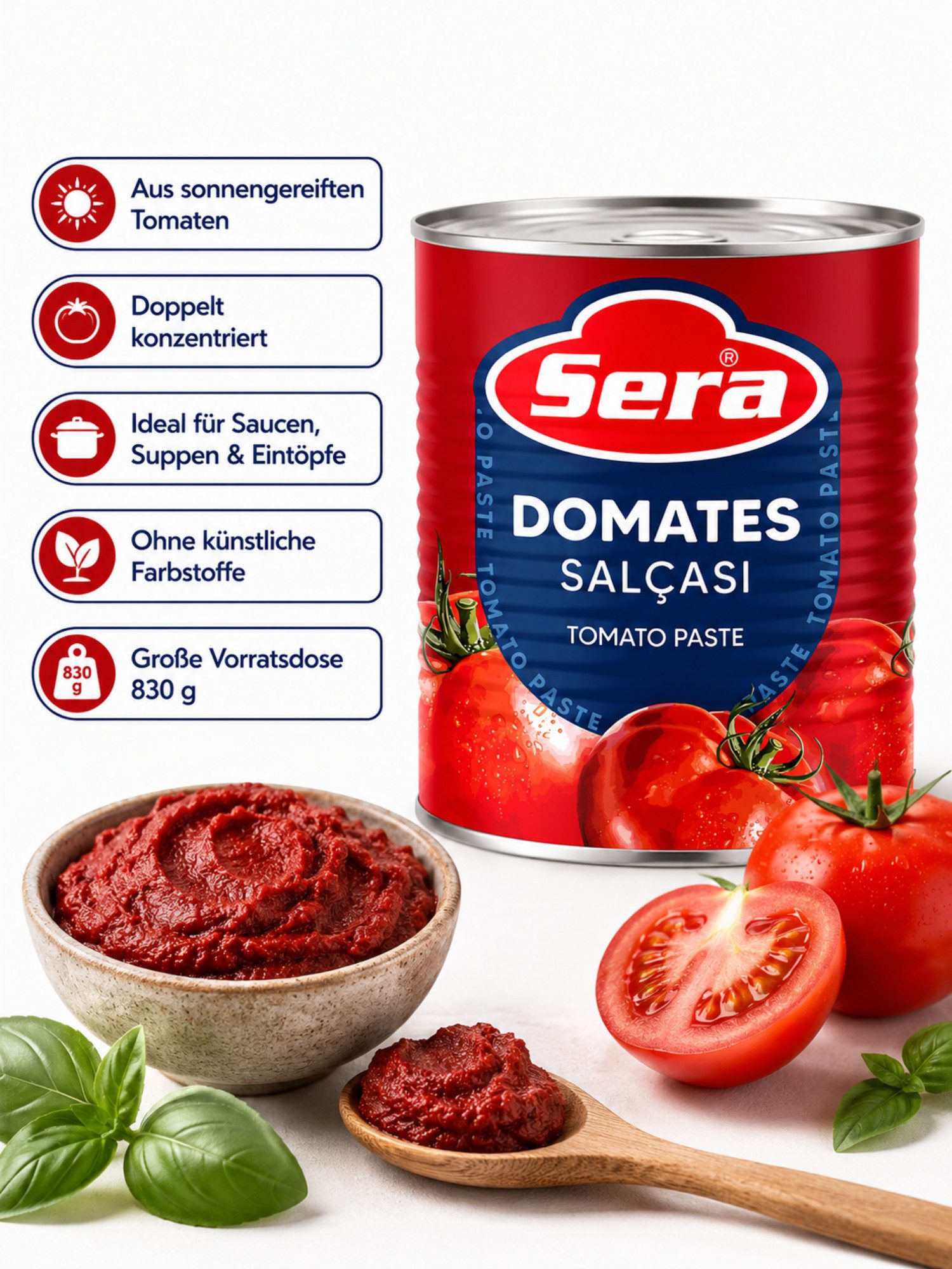 SERA FOOD Saucen Doppelt konzentriertes Tomatenmark aus sonnengereiften Tomaten, Doppelt konzentriert, Sonnengereifte Tomaten, Intensiver Geschmack