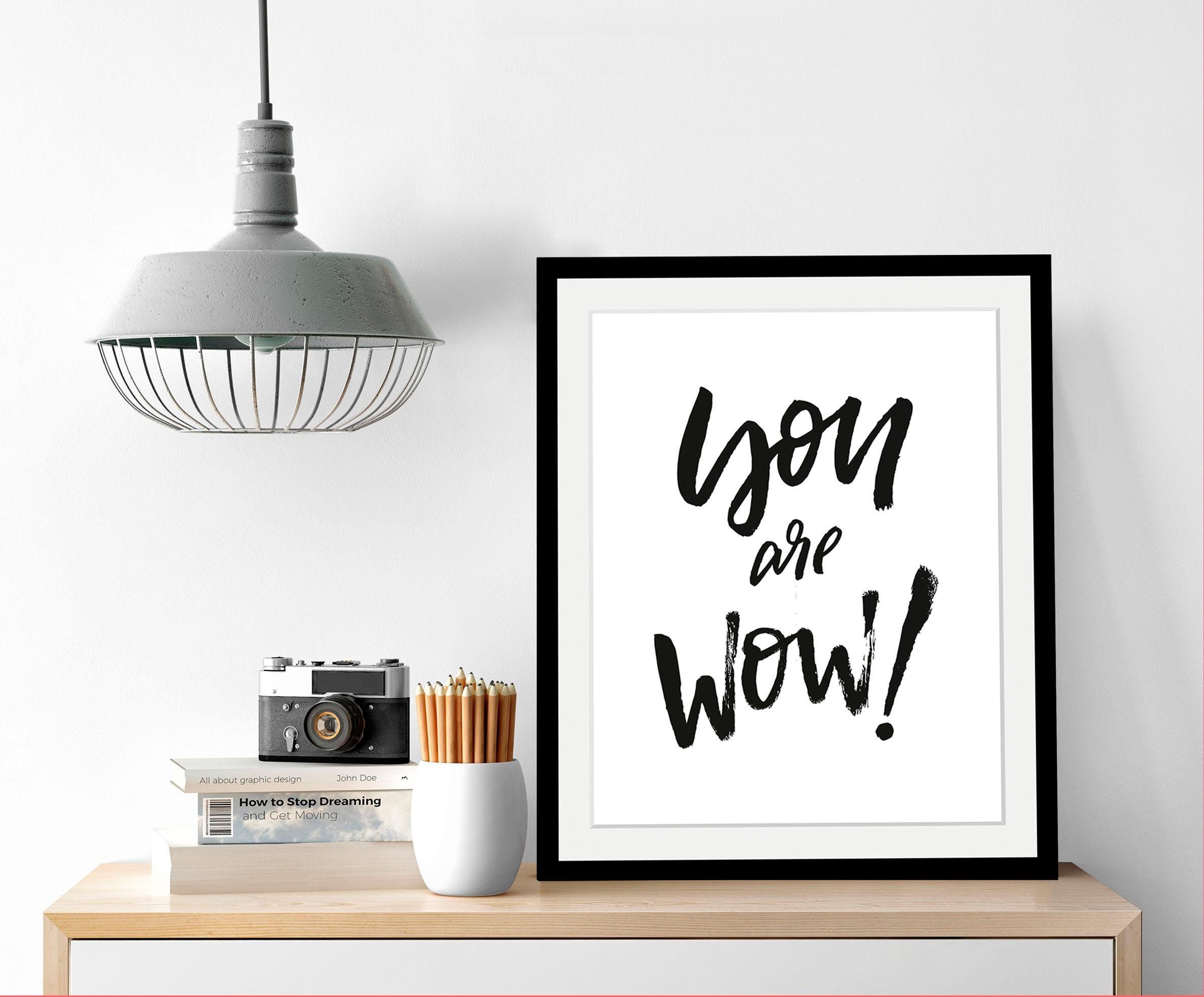 queence Bild Spruch, Motivationsbilder, Schriftzug, Schwarz-Weiß, HD Premium Poster-Druck inkl. Holzrahmen