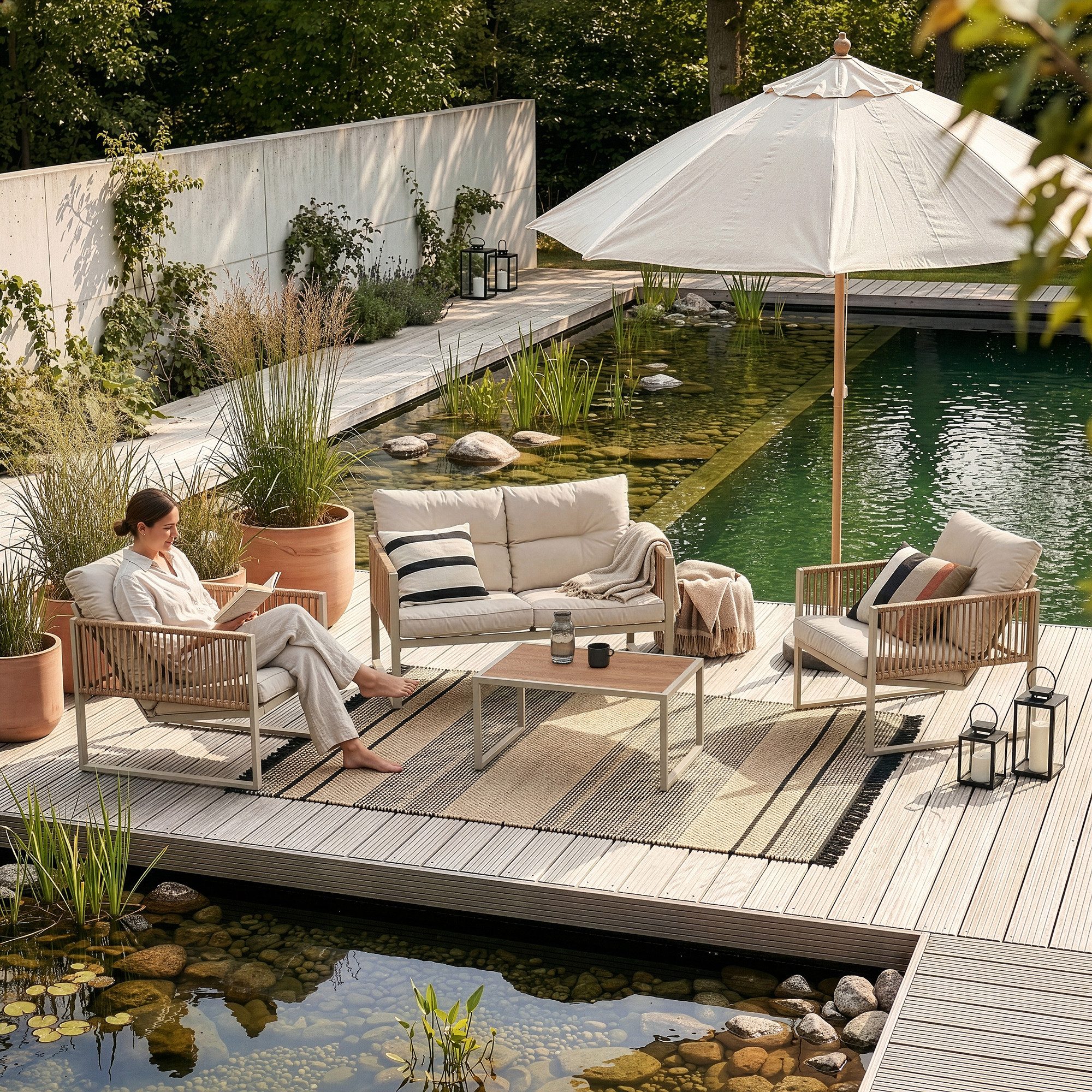 casa.pro Gartenlounge-Set, (Set, 4-tlg., 1 Couchtisch, 1 Sitzbank, 2 Sessel), »Karg« mit Polsterkissen Stahlgestell Beige/Rattanoptik