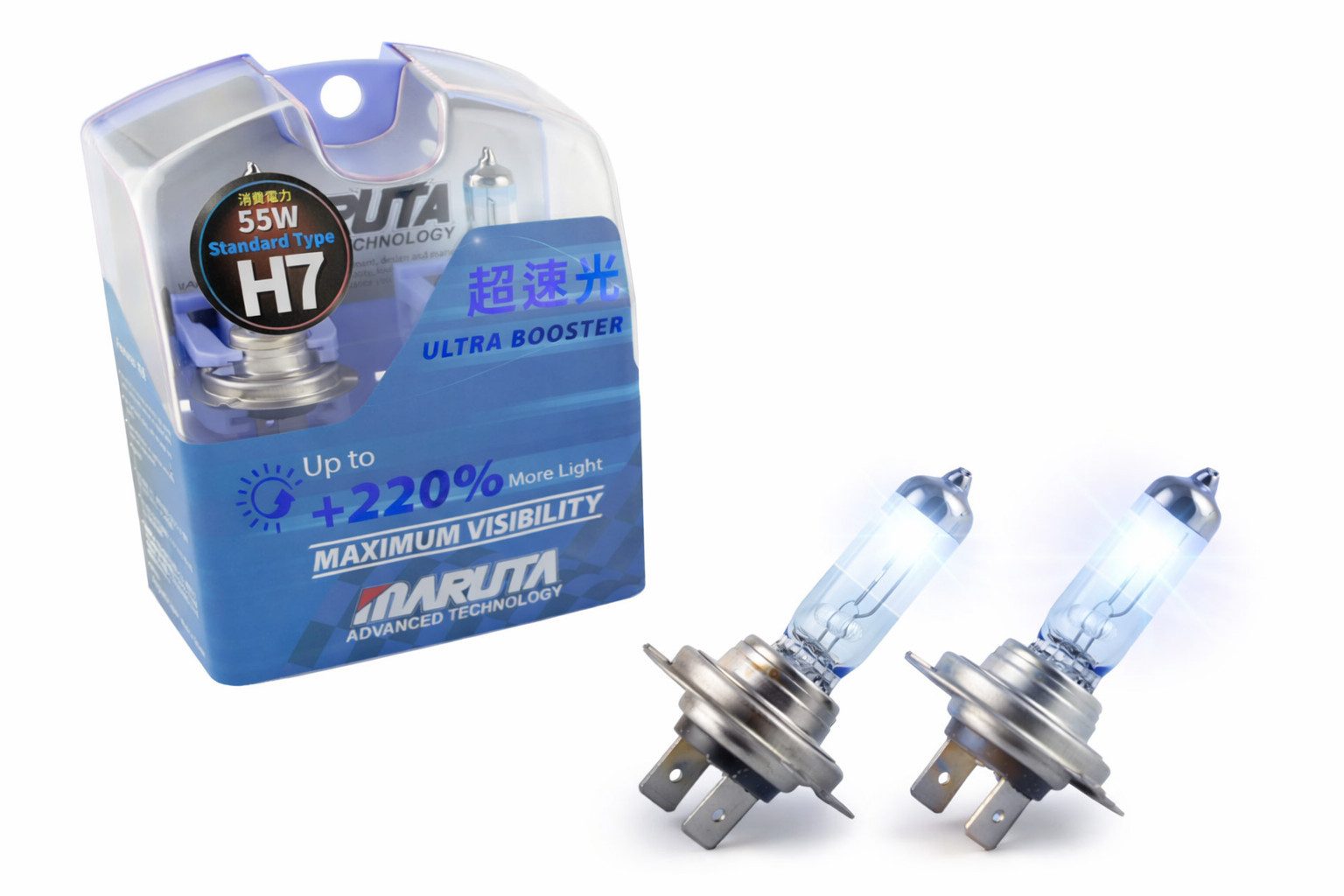 MARUTA KFZ-Ersatzleuchte ULTRA BOOSTER H7, PX26d, H7 55W 3800K, 220% mehr Licht, langelebige Xenon Effekt Halogen Lampen