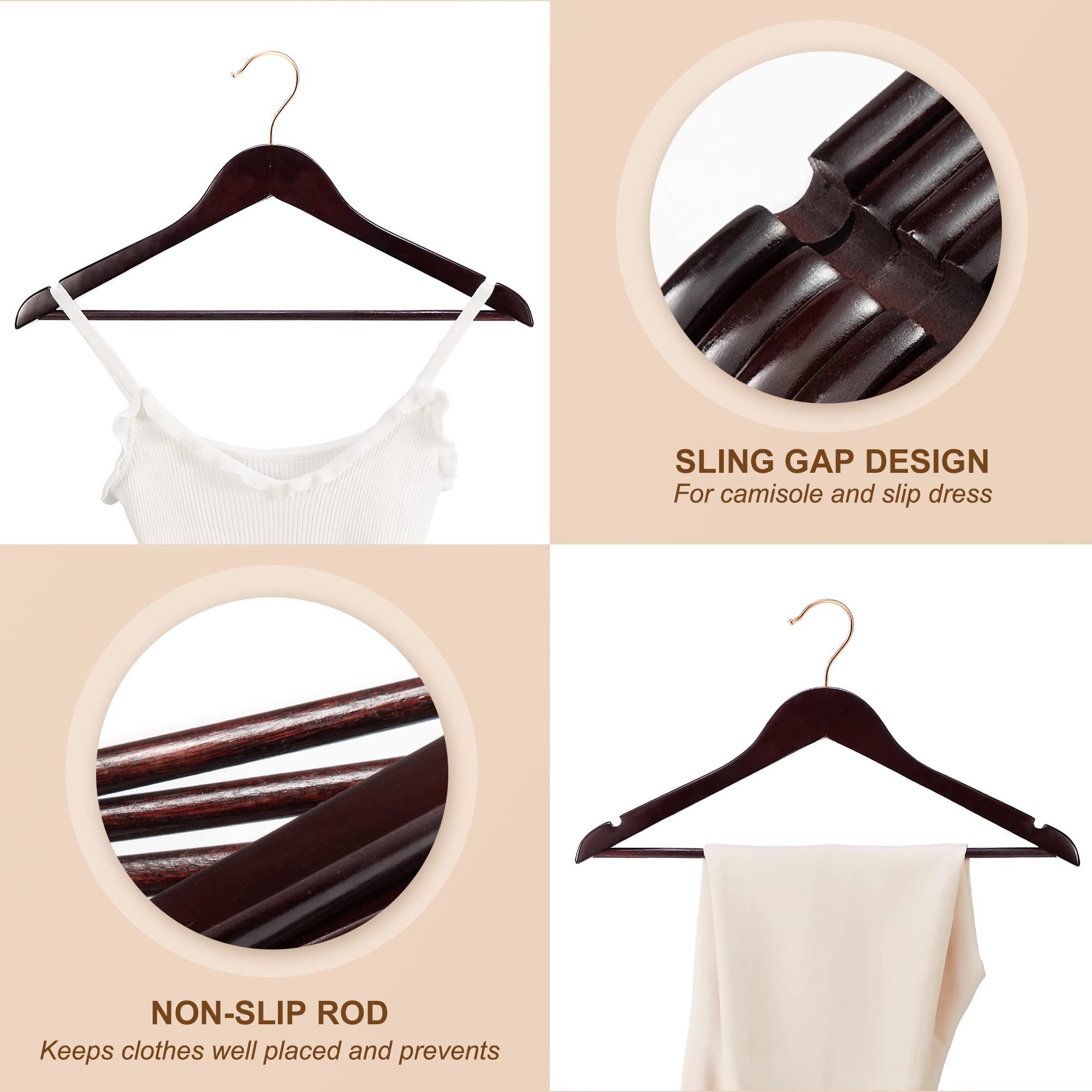 Roségold für Kleiderbügel in (20-tlg), Kleiderbügel Haken mit Day Anzüge, House Holz drehbarer Holz 360° rutschfest, braun
